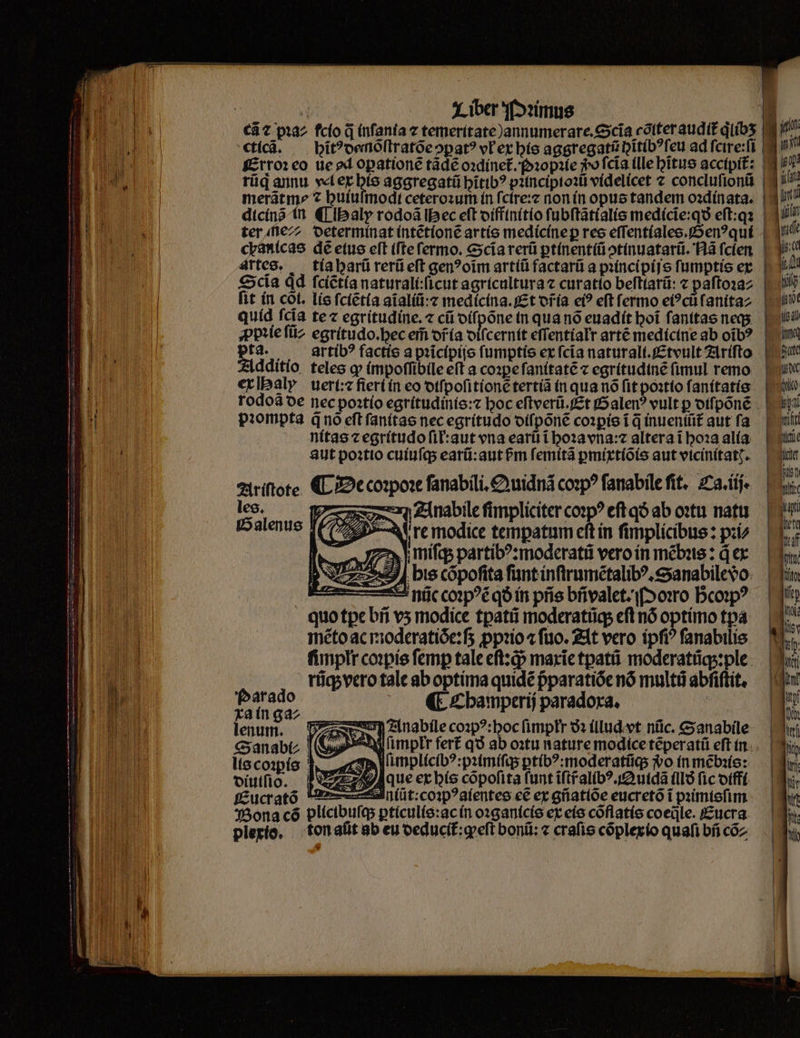 Cá ⁊ pꝛa/ fcio j inſania ⁊ temeritate)annumerare.Scĩa cõſter audit᷑ qͥlib 4 ym «tícá. ^ hitꝰ demõſtratõe ↄꝑatꝰ vt ex his aggregati Ditib?feu ad ſcire:ſi a 8 Erroꝛ eo ue ad opatione tãdẽ oꝛdinet᷑. ꝛopꝛie fo ſcĩa tlle hĩtus accipit: iy tüq annu vel ex his aggregatũ bitib? pꝛincipioꝛũ videlicet ⁊ concluſionũ i merátme 7 huiuſmodſ ceteroꝛum in ſcire:⁊ non in opus tandem oꝛdinata. dicinõ in ¶ H aly rodoã Ipec eft diffinitio ſubſtãtialis medície:qo eſt:qꝛ luin ter ea determinat intẽtionẽ artis medicine ꝑ res eſſentiales.Genꝰ qui f chanicas dé eius eft iſte ſermo. Scĩa rerũ ꝑtinentiũ ↄtinuatarũ. Ha ſcien artes. tia harũ rerũ eft gen?oim artiũ factarũ a pꝛincipijs ſumptis er 3! Sciĩa Qd ſciẽtia naturali:ſicut agricultura ⁊ curatio beſtiarũ: ⁊ paſtoꝛa⸗ | | ſit in cot. lis ſciẽtia aĩaliũ:⁊ medicina. Et dr̃ia ei? eft fermo et?ciifanitaz i quid ſcĩa te ⁊ egritudine.⁊ cũ diſpõne in qua nõ euadit hoĩ ſanitas ne; il ꝓpꝛie ſũ/ egrítudo.bec em dr̃ia diſcernit eſſentiałr artẽ medicine ab oĩbꝰ | 1 | | sili pta. — artibꝰ factis a pꝛĩcipijs ſumptis ex fcía naturali.Etvult Ariſto die Additio teles ꝙ impoſſibile eft a coꝛꝑe ſanitatẽ ⁊ egritudinẽ (imul remo e ex Haly ueri:⁊ fieri in eo diſpoſitionẽ tertiã in qua nõ (it poꝛtio ſanitatis oio rodoã de nec poꝛtio egritudinis:⁊ hoc eſtverũ. Et Galenꝰ vult p diſpõnẽ i pꝛompta qno eft ſanitas nec egritudo diſpõnẽ coꝛꝑis ĩ q̃ inuenlũt᷑ aut ſa oxi nitas ⁊ egritudo ſił:aut vna earũ i boza vna:⁊ altera ĩ hoꝛa alia aut poꝛtio cuiuſq; earũ:aut ᷣm ſemitã ꝑmixtiõis aut vicinitat ß. aa Ariſtote ¶ De coꝛpoꝛe ſanabili. Quidnã coꝛpꝰ ſanabile ſit. Ca.iij. f xx Anabile fimpliciter coꝛpꝰ eft qó ab oꝛtu natu re modice tempatum eft in ſimplicibus: pꝛi⸗ miſq; partibꝰ:moderatũ vero ín mẽbꝛis: d ex bis cõpoſita ſunt inſtrumẽtalibꝰ.Sanabilevbo | 'nüc coꝛpꝰẽ qo in pñs bñvalet. Noꝛro Hcoꝛpꝰ 1 quo tpc bñ vʒ modice tꝑpatũ moderatũq; efl nõ optimo tya mẽto ac rioderatióe:fs ꝓpꝛio ⁊ fuo. At vero ipſiꝰ ſanabilis 1 * — — finplt coꝛpis femp tale eſt:q; maxĩe tpatũ moderatũq;: ple i rũqʒ vero tale ab optima quidẽ pparatióe nó multd abſiſtit. n e ¶ Champerij paradoxa. v lenum. p Anabile coꝛpꝰ:hoc ſimpłr ðꝛ illud vt nüc. &amp;anabile- wi Sanabl⸗ A Nn li iis coꝛpis 3, em jlimplícib?:prtmífus ptíb?:moderatiigs do inmẽbꝛis: s diuiſio. V que ex his cõpoſita funt iſtt alſbꝰ. Quidã (116 fic diffl , Ucrató e n(üt:coip?afentee ee ex gñatiõe eucretõ ĩ pꝛimisſim % Mona cõ plicibuſq; ꝑticults:ac in oꝛganicis ex eis cõflatis coeüle. Eucra Mt plexio. ton aſit ab eu deducit᷑:ꝙ eſt boníi: « crafis cóplexio quafi bñ cõ⸗ | wh mplr fert qd ab oxtu nature modice tẽperatũ eſt in