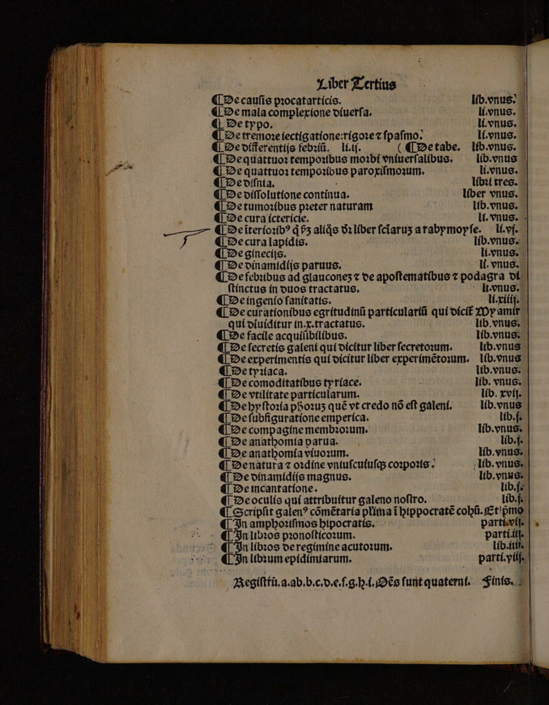 mu. ! Liber Tertius tu ¶ De caufis pꝛocatarticis. lib. vnus⸗ E ¶ De mala complexione o(uerfa. li. vnus. | HP ¶ De typo. | li. vnus. P. ¶ De tremoꝛe iectigatione:rigoꝛe fpafmo. li. vnus. n. j ¶ De differentijs febꝛiũ. — Li.tf. (De tabe. lib. vnus. BS PN ¶ De quattuoꝛ tempoꝛibus moꝛbi vniuerfalibus. lib. vnus D ¶ De quattuoꝛ tempoꝛibus paroxiſmoꝛum. li. vnus. ¶ De diſnia. 5 libꝛi tres. ¶ De diſſolutione continua. liber vnus. ¶ De tumoꝛibus pꝛeter naturam | lib. vnus. 1 | Hio dU eire nds liber PHOT MU . e ĩiterioꝛibꝰ q 55 alíqe ðꝛ liber ſcĩaruʒ a rabymoyſe. li.vj. BTE 7 ¶ De cura lapidis. | lib. vnus. | ¶ De ginecijs. li. vnus. i ¶ De dinamidijs paruus. ll. vnus. Ji | ¶ De febꝛibus ad glauconeʒ ⁊ de apoſtematibus podagra di B s ſtinctus in ouos tractatus. li. vnus. 10 ¶ De ingenio ſanitatis. | li.xiiij. | ¶ De curationibus egritudinũ particulariũ qui dicit᷑ MY amit qui diuiditur in.x.tractatus. lib. vnus. ¶ De facile acquiſibilibus. lib. vnus. ¶ De ſecretis galeni qui dicitur liber ſecretoꝛum. lib. vnus ¶ De experimentis qui dicitur liber experimẽtoꝛum. lib. vnus | ¶ De ty1íaca. lib. vnus. dn ¶ De comoditatibus tyríace. | lib. vnus. | ¶ De vtilítate particularum. m lib. xvij. i ¶ De hyſtoꝛia phoꝛuʒ que vt credo nó eft galeni. lib. vnus i ¶ De ſubfiguratione emperica. lib. j. i3 ¶ De compagine membꝛoꝛum. lib. vnus. M ¶ De anathomia parua. lib. j. d ¶ De anathomia viuoꝛum. lib. vnus. aM ¶ De natura ⁊ oꝛdine vntufcufufqs coꝛpoꝛis. lib. vnus. ij ¶ De dinamidijs magnus. lib. vnus. E ¶ De incantatione. lib. j. NE ¶ De oculis qui attribuitur galeno noſtro. lib. j. rd ¶ Scripſit salen? cométaría plima ĩ hippocratẽ cobü./£t'pmo ¶ In amphoꝛiſmos hipocratis. parti. vij. In libꝛos pꝛonoſticoꝛum. parti ii. In libꝛos de regimine acutoꝛum. lib.iiii. t ¶ In libꝛum epidimiarum. ö parti. yiiſ. Regiſttu. a. ab. b. c. d.e. f. gh. Oẽs ſunt quaterni. Finis.