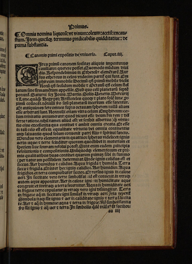 Ai efo:imus. ftum. tem quiciqs termine piedicabilis quidditatinc: oc puma fubftantia. (Lic anonte piimt expofitio oe vntuerfo. fCaput.tit(. g» 3rca piimü canonem forfitas aliquío impostunus 'cauíllato: querere poffet./2uomodo müdum oíut i díc.2Xefpondebimus (n f£tberefit elemétarcJur Pa 4A fus etbereue tn celos vndecim parti£ quí funt. gm SX V pbireum tmmobile32ectmi q$.p:tmá mobile oícüt ; x non q$ fecidum mobile c fctauíi qo celum ftel latum fiuefirmamétum appellát.&amp;ub quo celí planetarii fepte ponunt.Gaturní fcs 3joute.ZDartío.colío Qj enerte.XDercurtj «une.quads 7legyptíi iríftoteles quoq « plato fole lume pz xímit collocet.nónulli *o fitü planetaríi (ncertum effe fatentur. ££t autíquío:es fereomnese fup:a octauam fpberem nullà alíam effe arbitrat(funt.fonnullí etíam vltra celum f£mpbireum:cez lum trínítatío annumerant:quod oícunt effe oeum Pm rem z off ferreratíone.ntbil tamen aliud eft(vt fcríbít albertue)gs vírtuz tíc eíus excellentia qua continet z ambít omnía creata. ft effe ín talí celo eft effein equalítate vírtutío oet omnfa contínentie atq faluantíc quod folum conuenit patrí filo 7 fptrítut fancto. Z0undus vero elementarís in quattuo: fpberas vtdelicet:tgnie acrio:3que:2 terre fcínditur:quo:um quodlibet ín materíam et fpeciem (iue fonmam refoluí poteft. unt entm eadem pzíncipía tefolutionie c compofitíonte.dnüquodes elemento:um er p:tz mío qualítatíbue ouae contínet:quarum piimas fibf (n fummo (pernaturam poffíbilem )oetermtnat.Qinde (gnís calídue eft et ficcus. 71er bumtdus calidus. ziqua frígida c bumída. erra ficca « frígida.fEt inter bectgnis calídío:. 21er bumídio:Z1qua frígídioz.et terra comp1obatur ficcios. £t rurfus tente tn caloze autem aque apponítur.Zler (n calo:e (gni : ti bumtditate aque congruit:et ínvtrags a terra fecernitur.ziqua fin bumtdítate aerí in frígoze ad:tn ficcítate (gni fimilat in vtraqs aerí 2ría reperit €xtmbola ítacp füit (anio 7 aer in calíditate:tgnis 7 terta i ficcíta te zer z ad (n bumo2e:aqua 2 terra (n frígozeH6 fimbolifant(a 3ofüt (gnis z ad:aer « terra.3in fimbolíe qd6 trait? dore , 88 líij Reis tm Mig vé d Pis upon fato stades Reb pee acm ime e : — €— ———À í MIU S EFE EE AME meia s T T Da WERE ERU 12505 Ao eC AE NET EUR a dimus aae Y ü ax (ire eem —— oos —G ns po mU S PERSEO ep
