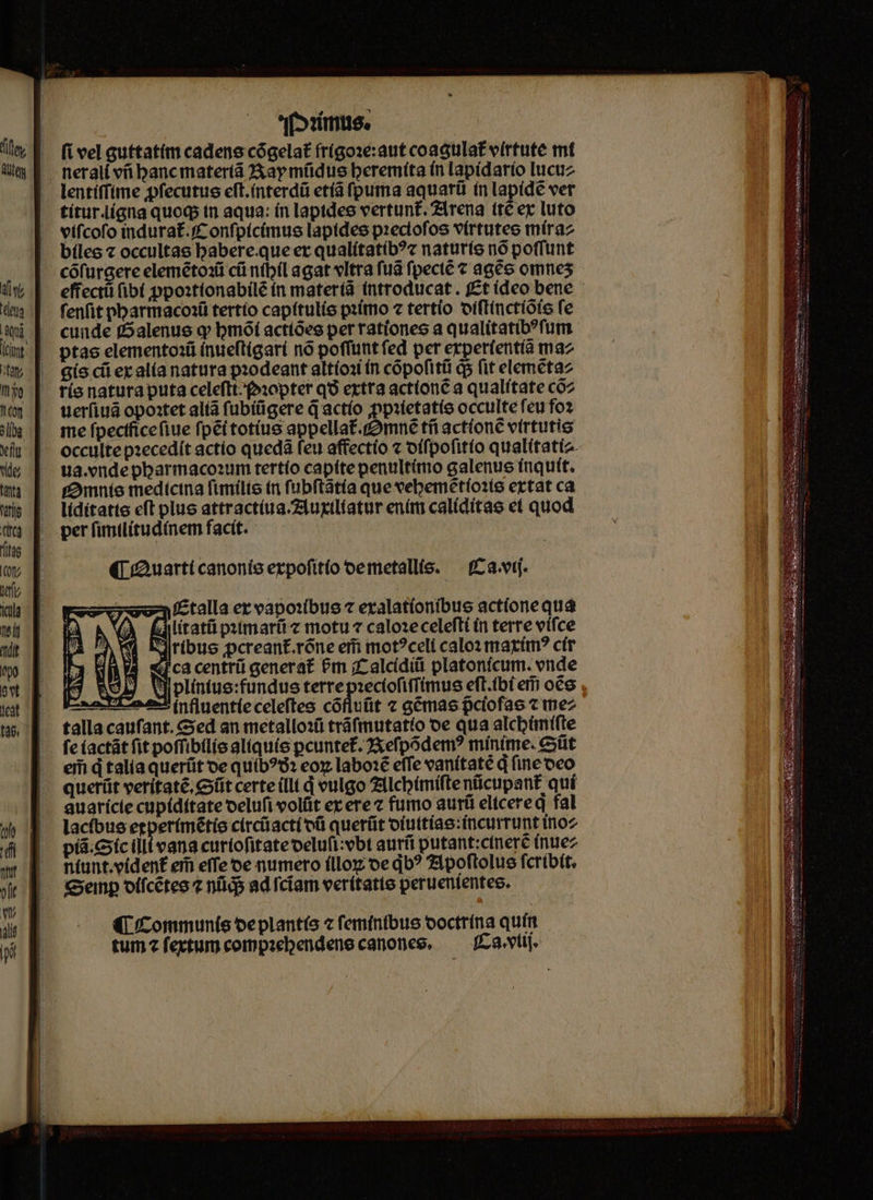 [»:ímmus. cófurgere elemétoxü cái nibil agat vltra fua fpecté c agée omnes effect fibi ppoxttonabilé ín materíà introducat. fEt (deo bene fenfit pbarmacox1íi tertío capítulíe pzimo 7 tertio oiftinctíote fe |. cuade mSalenue qv bmóí acttóee per rationes a qualitatib?fum | ptas elemento1íi (nue(tigarí nó poffuntíed per erperfentía maz | Giecüeralíanatura prodeant altíoii ín cópofitti q5 (it elemetaz - físnaturaputa celeftt-fopter q6 extra actíoné a qualftate coz uerfiua opoxtet alíà fubítigere qd actío :ppitetatíe occulte feu fo me fpectficefiue fpéi totius appellat.g2mné tfi actione virtutis occulte pzecedít actio queda feu affectío « offpofitío qualitatiz. ua.endepbarmacoum tertío capite pentiltímo galenue inquit. tf2mníe medíctna fimile (n fubftatía que vebemétío1te extat ca lídítatte cft plus attractíua.Ziuxtliatur ením calídítae et quod per fimtlíitudínem facit. »»£talla er vapoxibus 7 exalationibus actíonequa À fuitatüpimari c motu 7 calozecelefti &amp;n terre vífce | Edlríbue pcreant.róne ei mot?celi calo2 trarím? cír i4 x cacentrii generat &amp;m 27 alcíditi platonfcum. vnde jj Wiliniue:funduse terrepzectofifrimus eft.(bi eii oes xUEaen* influentíeceleftes cófluüt « gémas pciofae «me talla caufant. ed an metallo:ü tráfmutatío oe qua alcbünifte fe íactát fit poffibtl(o aliquío pcuntef. 2Xefpodem? mínime. Git em d talia querüt oe quíb?52 eox labo: effe vanítaté d fine oco querüt verítate, üt certe (lli d vulgo ZIlcbimiftenücupant quí auarícte capidítate oelufivolfit er ere fumo auri eltcereq fal lacíbue egperímétío circiiacti và querit otuttíae:incurrunt inoz piá.Gícillivana curiofitatevelufi:vbt aurfi putant:cineré (nuez níunt.vídenf em effe oe numero ílloz oe qv? 71poftolue fcríbít. Gyeinp offcéteo 7 nfids ad cíam verítatte peruententes. (L/Communís beplantís 7 feminibus ooctrina quín tumcfextumcompzebendene canones, —— fLa.vlij.