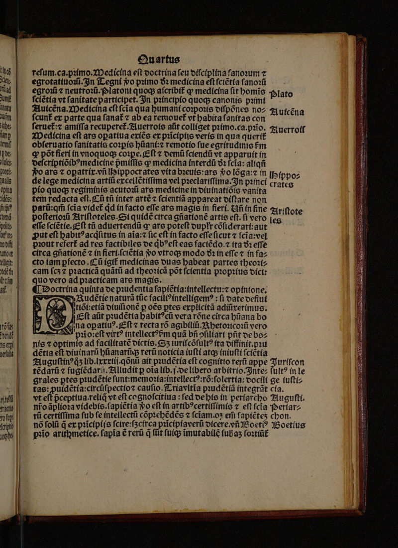 toe |. det: f tdéd | xc | a: T || | tet d 15 ctl | tractio. qi tofip! || fcripti Oyuuartus | tefum.ca.pitmo.ZD edícína eft ooctrina feu offciplina fanosum c egrotatítioxii. 3n 2Legní o pitmo O2 mediícína eft fciétía fanosü. egroii z neutroü-f^latont quoq aícríbit q» medícína fit bomie Plato fciétía vt fanitatepartícipet. 3n pzíncipío qtioqs canonis paíimt 4iuiceng.zDedicina eft fcía qua bumaní(coipoite oífpónee noz eutcena fcunt er parte qua fana£« ab ea remouef vtbabirafonítas con ferüet:c amíffa recuperet.z1uerrote afit coll(et piímo.ca.p:io. ztgerrotf ZDedícína eft ats opatiua eríeo er piicípíge veríe tn qua queri obfertatío fanitatía cozpíe büanf:z remotío fue egrítudtnie £m q póotfier( ín vnoquogs coipe, £fT z oemü fciendü vt apparuít in Wo are opatrír.vülbp(ppocrates víta bzeuíe:are $o lóga:z tn Ibíppoz de lege medictna artíii ezcellctiffima vel pzeclariffíma.3]n p1fticí rotes pío quoq regimínie acuto: are medicine in oiufnatióie vaníta tem redacta eft. (C ü tíi ínter artt fcientíà appareat oíftare non. parí:qm fcia vtdet dd in facto effe are magie fn fierí. Gf (n fine ^itiflote pofterío:i 21rtftoteles.ct quídé ctrca güatíoné artte eft. fi vero (ec. effe fciétíe.gz ft t&amp; aduertendü qr ate poteft ouptr cofiderarí:aut aput eft babit?acdfitus (n aía:c fic eft ín facto effeficut « fcía:vel piout refert ad reo factibilee oe qb?eft eae factédo.« tta 6: effe círca güiatíone « ín fieri.fciétía $o vtroqs modo 6: in effec in faz cto íam pfecto . (c ü ígtt tmedtcinae ouas babeat partes tbeo1íz cam fcs z pzactícá quátüi ad thbeo1ícá pot fcíentía paopaít oíct: quo vero ad pzactícam are magís. | ([ 2octrína quínta oe psudentta fapictía:tntellectu:z optntone, Rev—sn3udétienaturà tiic facili?íntelligem? : i vate ocfiut. ittóo(:etía o(uifiont p o€e pteo erplícità adifirer(mus. ; yet atit p:udétta babít?cii vera rone círca Düana bo e$ (na opatiu?. fEfT« tecta ró agibíliti Jàbetoxtco:ü vero CAS ji o:eft virt? intellect?Pm quà bíiofltart pfit oe boz détta eft oiuinarü büanarfiy reri notícía iuftí atas iniufti fcictía 21uguítín?ds líb.Lxrrtii.qonit ait piudetía eft cognítto rerfi appe 3Jurífcon tédatí fugíedari.71lludít p oia líb.j.oe libero arbítrio.3intez fult? inle gralee ptee pudétte funt:memo:ía:íntellect?:ró:folert(a: cocílí ge tuftíz tao: puídét(a:circüfpectioz caufio.T7ríavltia pxudétia integrát cía. vt efti ceptiua.reliq vt eft cognofcitiua : fed oebte fn períarcbo 7iugufti ntoáplíoaa vídebío.fapictia o eft (n artib?certiff(mie v eft fcia '(Períarz tü certíffíima ftib fe íntellectii copzebedcs 2 fciam.os erii fapiétes cbon. nó folii d er pitcíptjo fcire:fscírca pricipfaverü oícere.vfi YA oeti? 3Boetíus pio arttometíce, fapia € rerü q (üt (uiqp imutabíle fubas foxttü£ ras ARCET ME PLE 233 E