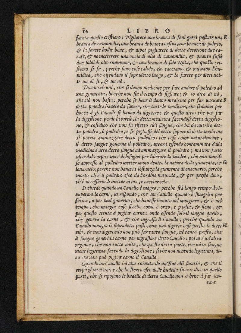 farete quefto criftiero : Pigligieni una banc di feni greci peftate una E - branca de camomilla, una branca de bianca orfinayuna branca di poleyo, Sii cv la farete bollir bene, &amp; dipoi pigliarete di detta decotione due ca- dll rafe, x nemetterete una oncia di olio di camomilla, &amp; quanto fuffe il due foldi di olio commune, &amp; una branca di fale Nota, che:que$to cri- ftiero fe fa , perche fono cofe calide .&amp;yx cacciano, &amp; vacuano l'hu- midità, che offendano il fopradetto luogo s &amp; lo farete per dieci uol- te un di fi, cx un nò. Dicono alcuni , che ft danno medicine per fare andare il'poledro ad \l una giumenta , Lee non fia il'tempo di figliare; &amp; io dico di nò, | checiò non bafta: perche fe bene li danno medicine per far uacuareF detta. poledra hauete da fapere, che tuttele medicine,.che ftrdanno per bocca a gli Caualli fe hanno da digerire » &amp; quefto dico; che per far la digeftione perde lavirtà la detta medicina facendofi detta digeftio- Xi ne, &amp;coft.dico che non fa effetto sWl fangue che ha da nutrire det- | sa poledra 30 polledro se fe. pigliaffe del detto Sapore di detta medicina sì potria ammazzare detto polledro ; che coft come naturalmente ; il detto Sangue gouerna îl polledro s ancora effendo contaminata dalla medicina è atto detto > fangue ad ammazzare il polledro ; ma non farlo: ufcir dal corpo » ma è di bifogno: per liberare la madre , che non morif fe abpreffo al polledro metter mano dentro la natura della giumenta, o G&amp; leuarnelo; perche non haueria foftanza la giumenta di euacuarlo, perche morto ch'è il polledro efce da l'ordine naturale ,,&amp;-per quefto dico y. ch'è neceffario di metter mano s e'cacciarneto:. i Si chiede quando un Cauallo è magro » perche: fta lungo tempo a ri=- fl euperare le carni , ui riffondo ,.che un Canallo quando è fmagrito per. E fatica 0: per mal gouerno, che baueffe bauuto nel mangiare , e è nel: tempo, che mangia cofe fecche come è orzo, e paglia fieno , per quefto Stenta a pigliar carne: onde effendo folo.it fangue quello , ehe genera la carne , &amp;y che ingraffa îl Cavallo: perche quando un Cauallo mangia li fopradetri pafti non può: digerir coft pre fto li detti Hi cibi, &amp; nondigerendo non: può fartanto fangue nè tanto prefto, che il fangue generi la carne per ingraffare detto Cawallo » poi ui è un'altra riigione x che'non tutte nolte, che quefta detta parte, che uain fangue wiene legittima facendo la digeStione; fiche non uenendo legittima, die co che non: può. pigl'ar carne il Cauallo . Quandoun:Cauallo ha una cornata da un Bue alli fianchi, &amp; che li: erepagl'inteStini, e che lo fterco efce delle budella fuora: dico in quelle parti che fi ripofano le budelle di detta Canallo non è bene d far {er- vare e»