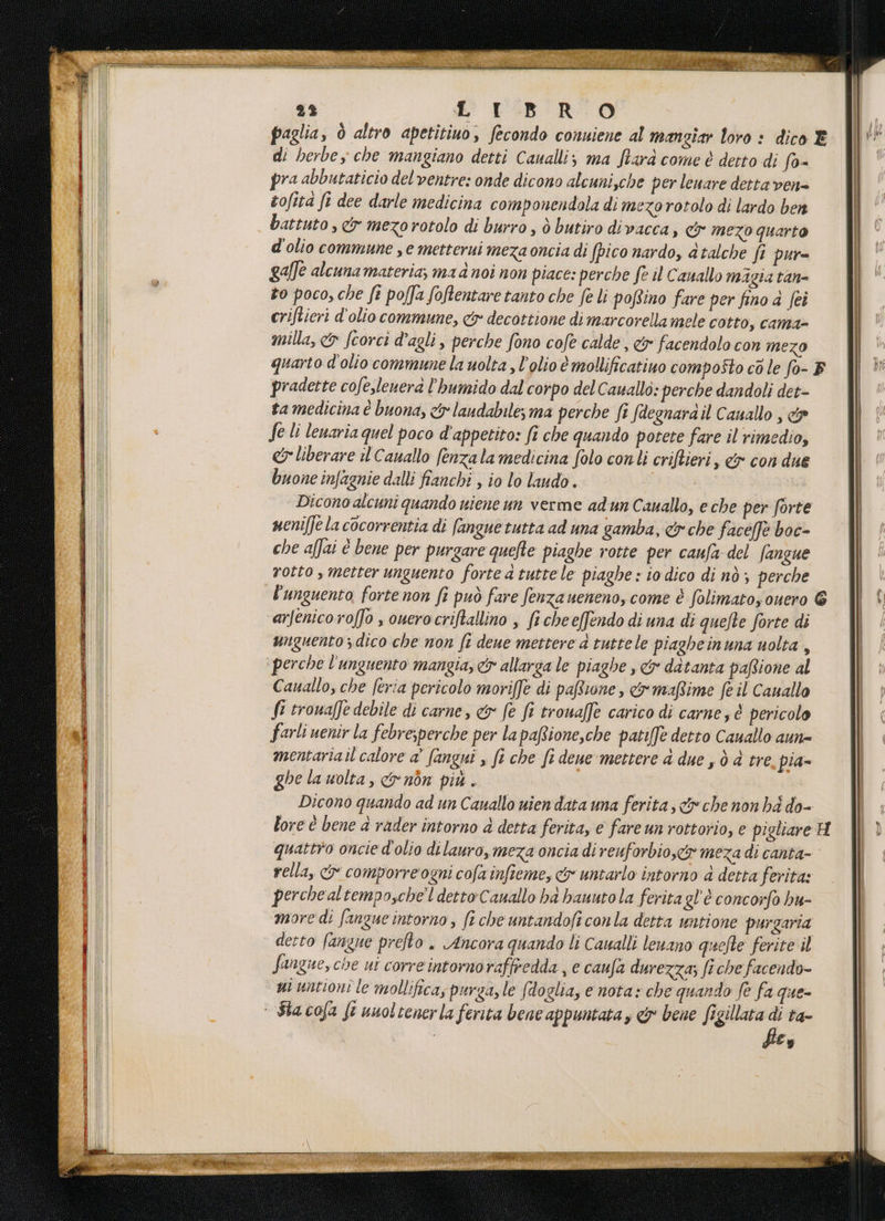 faglia, ò altro apetitiuo, fecondo conuiene al mangiar loro : dico E di herbe, che mangiano detti Caualli; ma ftarà come è detto di (a- pra abbutaticio del ventre: onde dicono alcuni,che per leuare detta ven» cofita fi dee darle medicina componendola di mezorotolo di lardo ben battuto , &amp; mezo rotolo di burro , ò butiro divacca, &amp; mezo quarto d'olio commune , e metterui meza oncia di (pico nardo, dtalche fi pur= gaffe alcunamateria; mad noi non piace: perche fe il Cauallo magia tan- to poco, che ft pofa foftentare tanto che fe li poftino fare per fino a fei criftieri d'olio commune, &amp;» decottione di marcorella mele cotto, cama= mila, &amp; fcorci d’agli , perche fono cofe calde , &amp;r facendolo con Mezo quarto d'olio commune la uolta , l'olio è mollificatino composto co le fo- F pradette cofe,leuera l’humido dal corpo del Cavallo: perche dandoli det- ta medicina è buona, &amp;r laudabile; ma perche ft fdegnara il Canallo , c&amp; Se li lenaria quel poco d'appetito: ft che quando potete fare il rimedio, ca liberare il Cauallo fenzala medicina folo condi criftieri, &amp; con due buone infagnie dalli fianchi , io lo laudo. | Dicono alcuni quando uiene un verme adun Cauallo, e che per forte ueniffe la cocorrentia di fangue tutta ad una samba, &amp; che faceffe boc- che affai è bene per purgare quefte piaghe rotte per caufa del fangue rotto, metter unguento forte a tuttele piaghe: io dico di nò ; perche l'unguento forte non ft può fare fenzaueneno, come è folimatos ouero € arenicoroffo , ouerocriftallino , fi che effendo di una di quefte forte di unguento dico che non ft deue mettere a tuttele piagheinuna uolta, ‘perche l'unguento mangia, x allarga le piaghe , &amp; datanta paRione al Cauallo, che feria pericolo moriffe di pafttone, &amp;maRime fe il Cauallo Si trouaffe debile di carne, &amp; fe fi trouaffe carico di carne; è pericolo farli uenir la febre;perche per la paRione,che patiffe detto Cauallo aun= mentariail calore a' fangui , fi che fi denemettere a due , d è tre. pia- ghe la uolta, wo nòn più . Dicono quando ad un Cauallo uien data una ferita, &amp; che non bd do- lore è bene è rader intorno d detta ferita, e fareun rottorio, e pigliare H quattro oncie d'olio dilauro, meza oncia di reuforbio,e&amp; meza di canta- rela, &amp; comporre ogni cofa infieme, &amp; untarlo intorno a detta ferita: perche altempo,che'l detto Canallo ha bauuto la feritagl'è concorfo bu- more di fangue intorno , fe che untandoficonla detta untione purgaria derto fangue prefto . Ancora quando li Cawalli leuano quefte ferite il fangue,che ui corre intorno raffredda , e caufa durezza; fi che facendo» ni untioni le mollifica, purga,le (doglia, e nota» che quando fe fa que- ‘ Sla cofa ft unoltenerla ferita bene appuntata, &amp; bene figillata i ta-