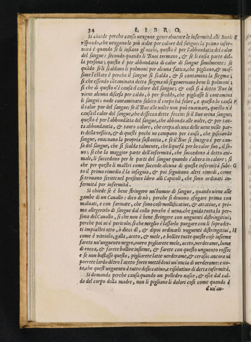 | Si chiede perche caufa nengono generalmente le infermità alli Buoi: € rifpondo,che uengonole più uolte per calore del fangue: la prima infer- mita è quando fe li infiano gl'occhi, quefto è per l’abbondatia del calor del fangue: fecondo quando li Buoi tremano , cy fe li enfia parte del- la perfona ; quefto è per abbondatia di calor di fangue fimilmente: fe quado feli fcaldano li polmoni per alcuna fatica,che pigliano,c&amp;y maf- fimel’eState è perche il fangue fi (calda, &amp; fi contaminala flegma i fi che effendo cotaminata detta flegmanò fi gouernano bene li polmoni ; fe che di quefto n'é caufa il calore del fanguez cy cofì fi d detto Bue le viene alcuna difcefa per caldo , ò per freddo,.che pigliaffe li contamina li fangui: onde contaminato fubito il corpo hd febre se quefto lo caufa F ilcalor purdel fangue: fe il Bue alle uolte non può euacuare, questo n'è caufa il calor del fangue,che deffecca dette feccie: (e il Bue orina fangue; quefto è per l'abbondatia del fangue,che abbonda alle wolte, &amp;y per tan- ta abbondantia, &amp;y tanto calore, che crepa alcuna delle uene nelle par- ti della veftica, &amp; di quefti pochi ne campano per caufa , che pifciando fangue, cuacuano la propria fuftantia, e fe il Bue fi fmagraè per cau- fa del (anque, che (î fcalda talmente, che liquefà per localor fuo s il fe- uo; feche la maggior parte dell'infermità, che fuccedono a detto ani- male, li fuccedono per le parti del Sangue quando s'alteraincalore; fi che per quefto li maftri come fuccede alcuna di quefte infermità fubi- G toil primorimedio è la infagnia, dr poi feguitano altri rimedi , come fetrouano ferittinel prefente libro alli Capitoli, che fono ordinati in- fermita per infermità. PORp te é St chiede fe è bene firingere un’humor dî fangue ,, quando uiene alle gambe di un Cauallo > dico dinò; perche fi deuono sfogare prima con maluati, e con farinate, che fono cofemollificatiue, cy atratiue, e pri= ma allegerirlo di fangue dal collo perche è uena,che guidatuttala per- Sona del Cauallo , fi che non è bene: Siringere con. unguenti diftringitiui; perche poi ui è pericolo; fechemeglio è laffarlo purgare con li fopradet- ti impiaStri otto y0dieci dì , &amp; dipoi ordinarli vnguenti diftringitiui , H come è vitriolo, galla aceto, &amp; mele, e bollitetutte quefte cofe infieme farete un’ungnento negroyouero pigliarete mele, aceto,verderame, lume di rocca, cy farete bollire infieme, &amp; farete con quefto unguento rofo: e fe non baftaffè quefto pigliarete latte uerderame,<&amp; cerafo: ancora ui porrete lardodétro l'aceto fortemettédout un'oncia di uerderame: eno- tasche queft'unguento è tuttodeficcatiuo,e rifolutino di detta infermità. St domanda perche caufaquando un polledro nafce sr efce dal cal- do del corpo della madre , non li pigliano li dolori cofi come quando è i d'un'an-