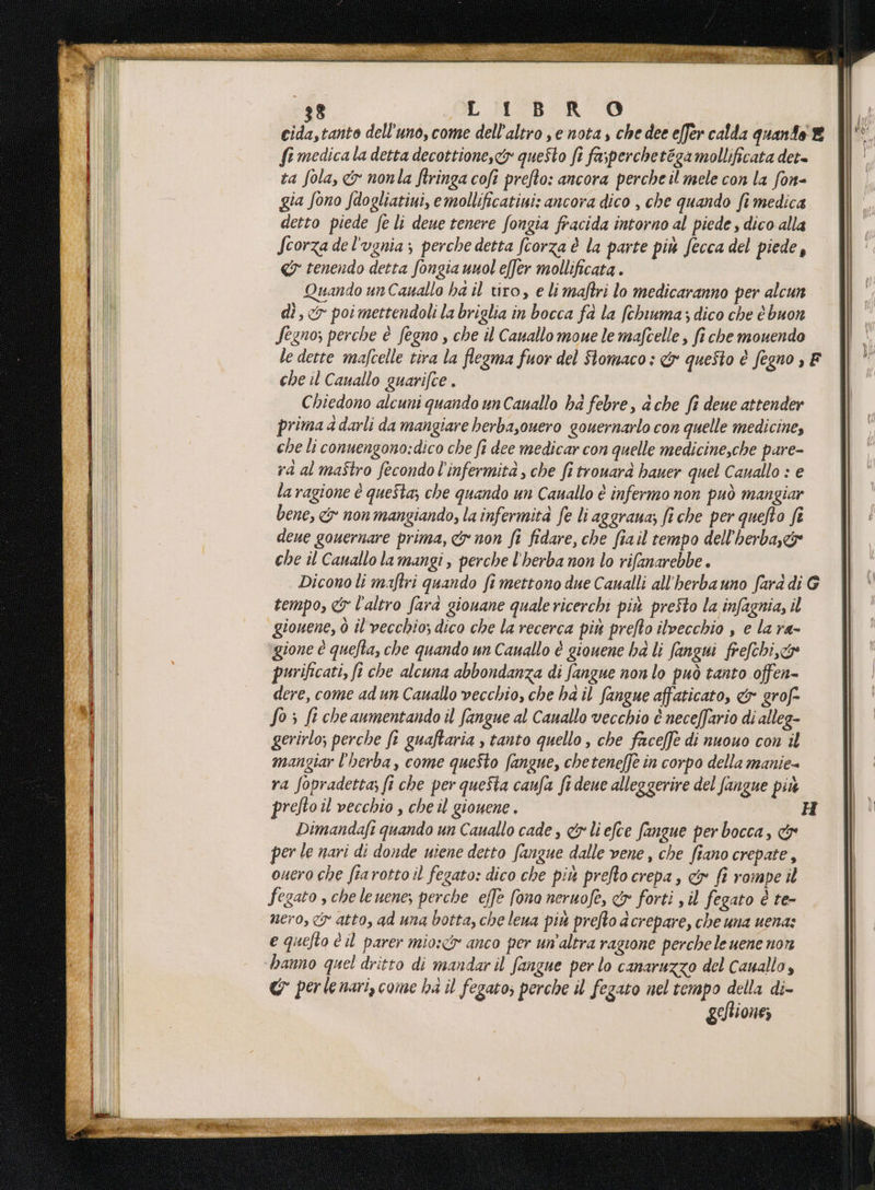 cid, tanto dell'uno, come dell'altro , e nota s che dee effer calda quanfe fi medicala detta decottione,<&amp; questo fi fa;percheteza mollificata det- ta fola, &amp;y nonla firinga cofi prefto: ancora perche il mele con la fon- gia fono fdogliatiui, emollificatini: ancora dico , che quando fi medica detto piede fe li deue tenere fongia fracida intorno al piede , dico alla Scorza de l'ugnia ; perche detta fcorza è la parte più fecca del piede, « tenendo detta fongia uuol effer mollificata . Quando un Cauallo ha il tiro, e li maftri lo medicaranno per alcun di, poi mettendoli la briglia in bocca fa la fchiuma; dico che è buon Segno; perche è fegno , che il Cauallo moue le mafcelle, ft che mouendo le dette mafcelle tira la flegma fuor del Stomaco: &amp; questo è fegno , che il Cauallo guarifce . Chiedono alcuni quando un Canallo ha febre, a che fi dene attender prima 4 darli da mangiare herba,ouero gouernarlo con quelle medicine, che li conuengono:dico che fi dee medicar con quelle medicine,che pare- ra al maîtro fecondo l’infermità, che fi trouarà hauer quel Canallo > e laragione è questa; che quando un Cauallo è infermo non può mangiar bene, cy non mangiando, la infermità fe li aggraua; fiche per quefto fi deue gouernare prima, &amp; non fi fidare, che fia il tempo dell'herba,c&amp; che il Cauallo la mangi , perche l'herba non lo rifanarebbe . Dicono li maftri quando fi mettono due Caualli all'herbauno fard di tempo, &amp; l'altro farà gionane quale ricerchi più preSto la infagnia, il giouene, ò il vecchio; dica che la recerca più prefto ilvecchio , e la ra- gione è quelta, che quando un Cauallo è giouene ha li fangui frefchi,.c&amp;e purificati, fi che alcuna abbondanza di fangue non lo può tanto offen- dere, come ad un Cauallo vecchio, che ha il fangue affaticato, &amp; grof- So; ft che aumentando il fangue al Canallo vecchio è neceffario di alleg- gerirlo; perche ft guaftaria , tanto quello , che facefè di nuouo con il mangiar l'herba, come queSto fangue, cheteneffè in corpo della manie= ra Jopradetta; fi che per queSta caufa fi deue alleggerire del fangue più prefto il vecchio , che il giouene.. | Dimandafi quando un Cauallo cade, &amp;r li efce fangue per bocca, &amp; er le nari di donde uiene detto fangue dalle vene , che fiano crepate, ouero che fiarotto il fegato: dico che più prefto crepa, &amp; fi rompe il fegato , che leuene; perche effe (ona neruofe, &amp; forti , il fegato è te- nero, < atto, ad una botta, che leua più prefto acrepare, che una uena: e quefto è il parer mio: anco per un'altra ragione perche le uene non hanno quel dritto di mandar il fangue per lo canaruzzo del Cauallo, &amp;° perle nari, come hà il fegato; perche il fegato nel tempo della di- geltione; E F G H