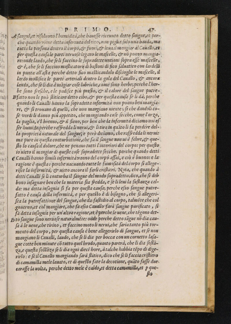 PR ROTTE M>3 Di << AT. che quando-viene detta infernutadelriro, non piglia: folo.una banda, ma: cuttala perfona dentro ilcorpò,&amp;r fuoris<&amp;y lena.il mangiar al Cauallo,et. per quefta caufale parti neruofe legano le mafcelle, &amp;nò ponno mangia-. resonde lando,che feli faccinole fopradetteuntioni fopraefje mafcelle, cr è, che fe li faccino mafticatorij di baftoni di fico faluatico con lardelli. in punta all'afta perche detto fico mafticandolo difcioglie le mafcelle, il lardo mollifica le parti arteriali dentro la gola del C auallo, <&amp; ancora laitdo, che f&amp;.li dia di magiar cofelubriche,come fono herbe; perche l'her- be fono frefche,ele padifce più prefto; il calore del fangue putre-. ì papa È x | | | quando li Canalli hanno la fopradetta infermità non porno ben mangia- re, &amp; fo trowano di quelli, che non mangiano niente ; fr che dandoli co- fe verdili danno più appetito, che mangiando cofe fecche, come l'orzo, la paglia, e’ brenno, dr il fieno, per ben chela infermità diciamo noi ef fer bumitaperche raffredda lineruisc&amp;o litivain quato li fa perdere del-. la proprietà naturale del fangueze però diciamo, che raffredda li nernis ma pure in quefta conturbatione,che fail fangue nonui è febre,c&amp;y que-. fio lo canfail dolore,che ne penano tutti l'interiori del corpo: per quefto: io uieto il mangiar di quefte cofe fopradette fecche, perche quando detti. ragione è queftas: perche uacuandotutte le fumofità del corpo fr allege-. rifce la'inifermità, &amp; uieto ancora il farli criftieri. Nota, che quando 4 detti Canali fe li conturbait fangue delmodo fopradetto;dicosche ft deb bono infagnare ben che la materia fia fredda, e fe li leui la fuftanza cal- da: ma detta infagnia fi fa per quefta caufa; perche efso fangue putre- fatto è caufa della infermità, e per questo è di bifogno , che fi allegeri- fca la putrefattione del fangues:cheda:faftidio al corpo, talmete che col. gouerno;et col'mangiare, che faefso Cauallo' fara fangue purificato , fi fa dettainfagnia per un'altraragioneset ©perche leuene,che tegono det-. fa dle ueneschetirino y étfaccino motoli nerni,che fariatanto più tor- mento del corpo , per quefta canfa è bene allegerirlo di fangue, et fenon. mangiano li Caualli, laudo, che feli dia per bocca conuncornetto lafa- gue cottebenminute co tutto quel brodo,quanto parera, che li dia fofta- Zac quefta foStaza fe li dia ogni dieci bore, 4talche habbia tépo di dige-. rirlo: e fe il Canallo mangiando farà ftitico, dico che fele facciacriftiero di camamilla mele lawato, et di queSto fate la decotione, quato fuffe due. saraffe la uolta, perche detto mele è caldoset detta camamilla,et z, que=