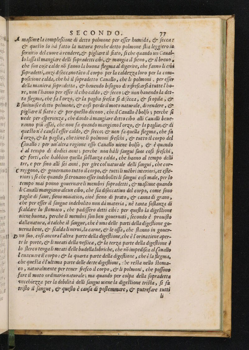 ci questo lo ba fatto la natura perche detto polmone fia leggiero ie fernitio del cuore à rendere,<y pigliare il fiato, fiche quando un Canale lo laffail mangiare delli fopradetti cibi, &amp; mangia il fieno cr il breno è che fon cofe calde no fanno la buona flegmaal digerire, che fanno li cibi Sopradetti,anzi difeccanotato il corpo per lacaldezza loro per la com= pofttione calda, che ha il fopradetto Canallo, che lt polmoni , per e[fer dellamaniera fopradetta, &amp; hauendo bifogno di rifrefcarfratutte l’ho- resnon l'hanno per effer il cibo caldo , &amp;fecco &amp; non bauendo la det- ta flegma, che fa l'orzo, &amp;r la paglia frefca fr difecca, &amp; fiopila, &amp; B fininuifce detto polmone, &amp; cofi perdeil moto naturale, direndere , &amp; pigliare il fato: &amp; per quesSto dicono , cheil Cauallo è bolfo 3 perche fi uede per efperienza s che dando amangiare detto cibo alli Caualli beue- ranno più affai, che non fa quando mangiano l'orzo, &amp;r la paglia; &amp;y di questo n'e caufal'effer caldo, &amp; fecco; &amp; non fa quella flegma, che fa l'orzo, &amp;rla paglia, cletieneli polmoni frefehi , o tutto il corpo del (auallo : per un'altraragione elfo Cauallo viene bolfo è &amp; è quando é al tempo di dodici anni; perche non hali fangui fuoi cofe frefchi, &amp; forti, che babbino quella foStanza calda, che banno al tempo delli tre, e per fino alli fei anni, per gire col naturale delli fangui, che cor= riori ; ft che quando fitrouano efferindeboliti li fangui coft male, per lo tempo mai ponno gouernareli membri fopradetti , <i> maftime quando li Caualli mangiano‘alcun cibo, che fia difeccatino del corpo, come fono paglie di fane, fieno maiatico, cioè fieno di prato, &amp; cannadi grano, che per effer il fangue indebolito non da materia , nè tanta foftanza di Scaldare to ftomaco , che padiffero detti cibi: per quefto la digeStione uicne buona, perche li membri fon ben gouernati, fecondo è prouifto dallanatura, d talche il fangue, che è unadelle parti della digeflione go- uernabene, &amp;r fcalda linerni,la carne, &amp; le offa, che ftanno in QOUCH= te le porte, &amp; limeati della veftica, &amp;x la terza parte della digeltione è lo fterco tengali meati delle budella lubriche, che nò impedifea al (anallo l'enacuare il corpo : &amp;r la quarta parte della digeftione s che é la flegma, che questa è l'ultima parte delle dette digeftioni, «be reSta nello Stoma- co , naturalmente per tener frefco il corpo ,&amp; li polmoni, che poffono fare il moto ordinario naturale; ma quando per colpa della fopradetta vecchiezza per la debilità delli fangui uiene la digeStione trifta, fi fa trifto il fangue , &amp; quefto è caufa di poftemmare, &amp; putrefare tutti | Apa bj