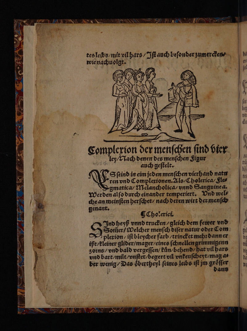 tes leibs / mit vil hars / Iſt auch beſonder zumereken ⸗ wie nachuolgt. er | . „4 n 74 5 110 1 er XS 5 zn 8 1 nr — 7 na x \> — Complexion der menſchen find bier ley / Nach denen des menſchen Figur | auch geſtelt. | N Sfeind in eim jeden menſchen vierhand natu ren vnd Complexionen. Als / Cholerica / $les gmatica / Melancholica / vnnd Sanguinea. Werden al ſo durch einander temperiert. Vnd wel⸗ che an meinſten herſchet / nach deren wirt der menſch | be genant. 1 | | | Ind heyß vnnd trucken / gleich dem fewer vnd 8 Som̃er / Welcher menſch diſer natur oder Com plexion / iſt bleycher farb / trincket mehꝛ dann er | | ißt / kleiner glider/mager/eines ſchnellen grimmigenn 1 zoins / vnd bald vergeſſen / kuͤn / behend / hat vil hars | vnd bart / milt / vnſtet / begert vil vnkeuſcheyt / mag a⸗ ber wenig / Das oͤbertheyl feines leibs iſt jm 90 ln 1 ann *