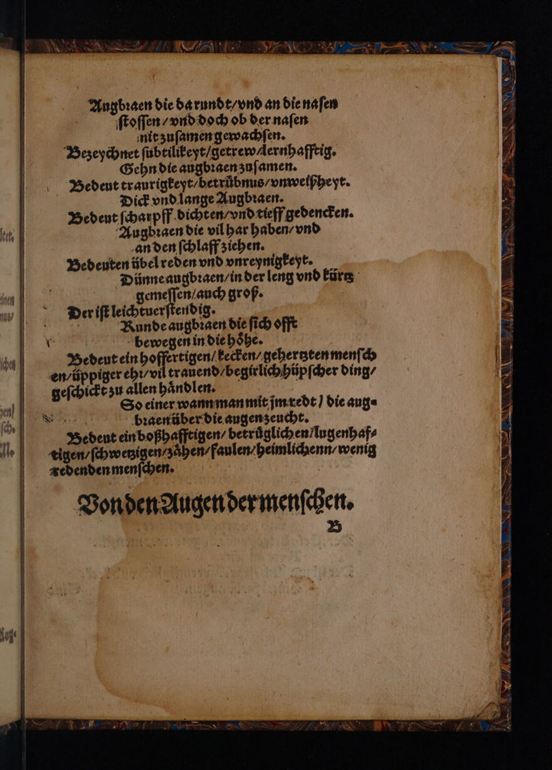 Augbꝛaen die da rundt / vnd an die naſen | ſtoſſen / vnd doch ob der naſen 5 nit ʒuſamen gewachſen. Bezeychnet ſubtilikeyt / getrew Aernhafftig. Gehn die augbꝛaen zuſamen. Bedeut traurigkeyt / betruͤbnus / vnweißheyt. Dick vnd lange Augbꝛaen. Bedeut ſcharpff dichten / vnd tieff gedencken. Augbꝛaen die vil har haben / vnd an den ſchlaff ziehen. Bedeuten ůbel reden vnd vnreynigkeyt. Dünne augbꝛaen / in der leng vnd kürts f | gemeſſen / auch groß. Der iſt leichtuerſtendig. N Runde augbꝛaen die ſich offt * | bewegen in die hoͤhe. edeut ein hoffertigen / kecken / gehertzten menſch en / üppiger ehꝛ / vil trauend / begirlich hüpſcher ding / N. 89 redenden menſchen. Von den Augen der menſchen. > a JAN Er 8 CL N > IN IIEERN