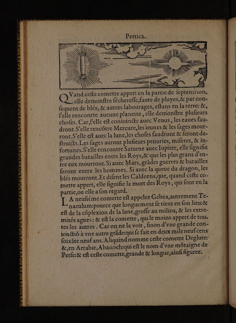 Pertica. V'and celte cometre appert en la partie de feptentrion, Q_ elle demonftre fécherelfe, faute de pluyes,&amp; par con- fequent de blés, &amp; autres Jabourages, eftans en la terre: &amp;, felle rencontte aucune planette, elle demonftre plufieurs chofes. Car felle eft conioinéte auec Venus, les eaucs fau- dronr.S’ellerencôtre Mercure, les ieunes &amp; les fages mour- ront.S’elle eft auec la lune;les chofes faudtont &amp; feront de- ftruicts.Les fages auront plufieurs penuries, miferes, &amp; in- fortunes. Selle rencontre Saturne auec Tupiter, elle fignifie grandes batailles entre les Roys,&amp;queles plus grans d'en- tre eux mourront.Siauec Mars, grâdes guerres &amp; batailles (eront entre les hommes. Si auec la queuc du dragon, les Llés mourront.Et difent les Caldeens,que, quand cefte co- mette appert, elle fignifie la mort des Roys, quifonten la partic,ou elle a fon regard. | L À neufñiéme comette eft appelee Gébea,autrement Te- naculum:pource que longuement {e tient en fon lieu:8 cft de la côplexion de la lune, groffe au milieu, &amp; les extre- mités agues : &amp; eft la comette, quile moins appert de tou. tes les autres. Caron ne la voit, finond'vne grande con- ionctié à vne autre grade:qui fe fait en deux mile neufcens foixäte neuf ans. Aliquind nomme cefte comette Deglute: &amp;,en Arrabic,Abanoch:qui eft le nom d’vne môtaigne de Perfe&amp; eft celte comette,grande &amp; longuc,ainf figurec.