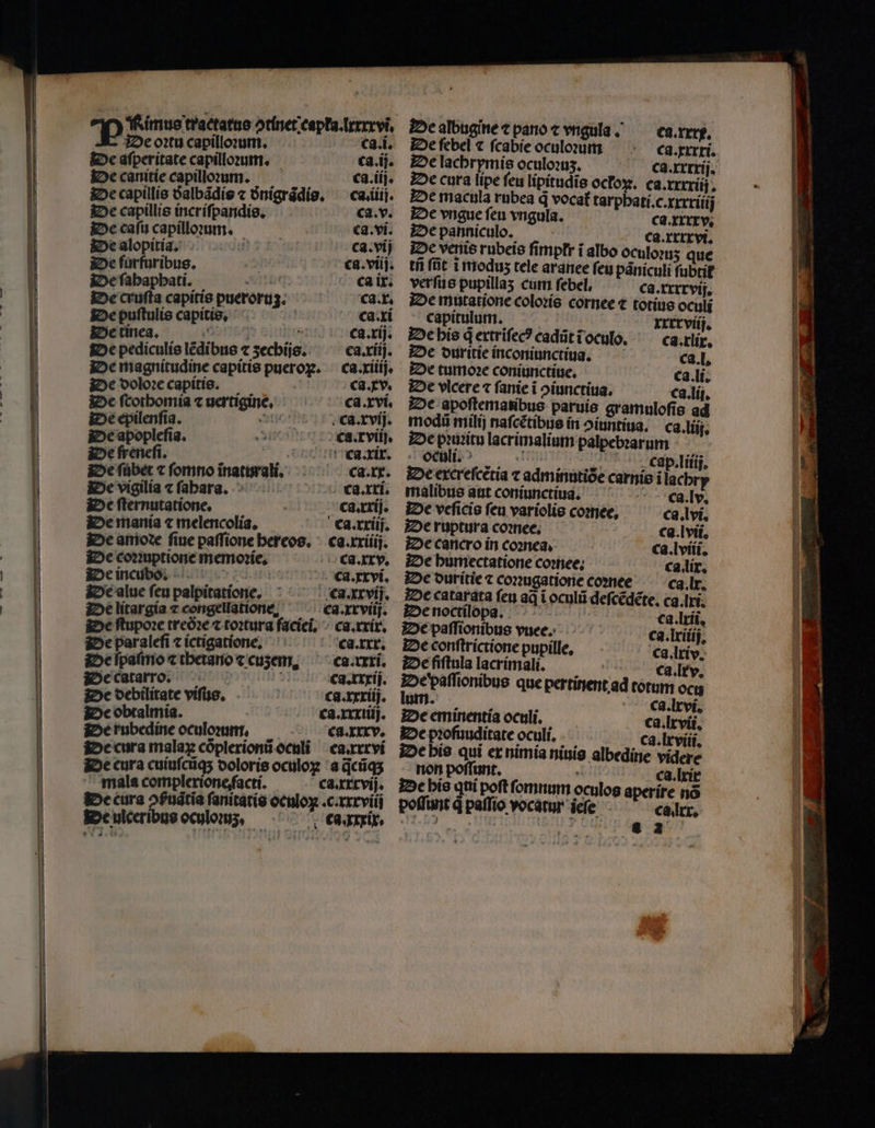 — . - — pn: ——— ————— € rm RN RR — — Aa - — — — — — — € — —̃ Y—»— a | ja. — cag, De oꝛtu capilloꝛum. ca. i. De ſebel ⁊ ſcabie oculoꝛum ca.xxxxi. De aſperitate capilloꝛum. ca.iſj. De lachrymis oculoꝛuʒ. ca.xxxxij. De canitie capilloꝛum. ca. ij · De cura lipe ſeu lipitudĩs ocfox. ca. xxxriij. De capillis incriſpandis. ca. v. De vngue ſeu vngula. , Ca. xxxxv. De cafu capilloꝛum. ca. vi. De panniculo. ca. xxxxvi. De alopitia. f ca. vij De venis rubeis ſimpfr ĩ albo oculoꝛuʒ que De fürfuribus. ca. vij. tñ ſũt ĩ moduʒ tele aranee feu pániculi ſubtit᷑ De fabapbati. nunc: ca ix. verfus pupillas cum ſebel. ca. xxrrvij. De cruſta capitis pueroruz. ca. x. De mutatione coloꝛis cornee t totius oculi De puſtulis capitis. | ca. ri capitulum. xxrr viij. De tine. ca. rij. De his qͥ ertriſecꝰ cadũt ĩ oculo. ca. xlix. De pediculis lẽdibus ⁊ zechijs. ca. xiij. De duritie inconiunctiun. ca. l. De magnitudine capitis puero. ca. rij. De tumoꝛe coniunctiue. ca. li. De doloꝛe capitis. ! ca. xv. De vleere ⁊ fanie i oiunctitia. ca. lij. De ſcothomia ⁊ uertigine. ca. xvi. De apoſtematibus paruis gramuloſis ad De epilenſia. tg. modũ milij nafcétibue in ↄiuntiua. ca. lj. De apopleſia. 2 ca. vii. De pꝛuꝛitu lacrimalium palpebꝛarum De ſreneſi. , * ; 1 1 Ca. xit. , oculi. e* i i ip ups Cap.litij. De fübet ⁊ fomno ĩnaturali. ca. xx. De excreſcetia ⁊ adminutide carnis ilacbry De vigilia ⁊ ſahara. | ca.xxi. malibus aut coniunctiua. ca. lv. De ſternutatione. ca. xxij. De veſicis feu variolis coꝛnee. ca. lvi. De mania ⁊ melencolia. ca. xxiij. De ruptura coꝛnee. ca. lvii. De amode fine paſſione hereos. ca. rxiiij. De cancro in coꝛnea. ca.lviii. De coꝛꝛuptione memoꝛie. ca.xxv. De humectatione coꝛnee. ca. lix. De incubo ca. xx vi. De duritie ⁊ coꝛꝛugatione coꝛnee ca. lx. De alue ſeu palpitatione. ca. xxvij. De catarata ſeu aq i oculi deſcẽdẽte. ca. ixi. De litargia ⁊ congellatione. ca. xrviij. De noctilo. ca. lxii. De ſtupoꝛe treòꝛc ⁊ toꝛtura faciei. ca. rrir. De paſſionibus vuee. ca. lriiij. De paraleſi ⁊ ictigatione. ca. xxx. De conſtrictione pupille, ca. lxiv. De ſpaſmo ⁊ thetano ⁊ cuzem. ca. rxxi. De fiſtula lacrimali. nce egi: De catarr Ati. De paſſionibus que pertinent ad totum ocu De debilitate viſus. ca. xxxiij. lum. ca. lxvi. De obtalmia. | ca.xxxiuij. De eminentia oculi. ca. lxvii. De rubedine oculoꝛum, ca. xrrv. De pꝛofuuditate oculi. ca. lxviii. De cura malaꝝ cõplerionũ oculi De cura cuiuſcũqʒ doloris oculoꝝ mals complerione ſacti. De ulceribus oculoꝛuz. W non poffunt. ca.lrit cad. 4 3 —
