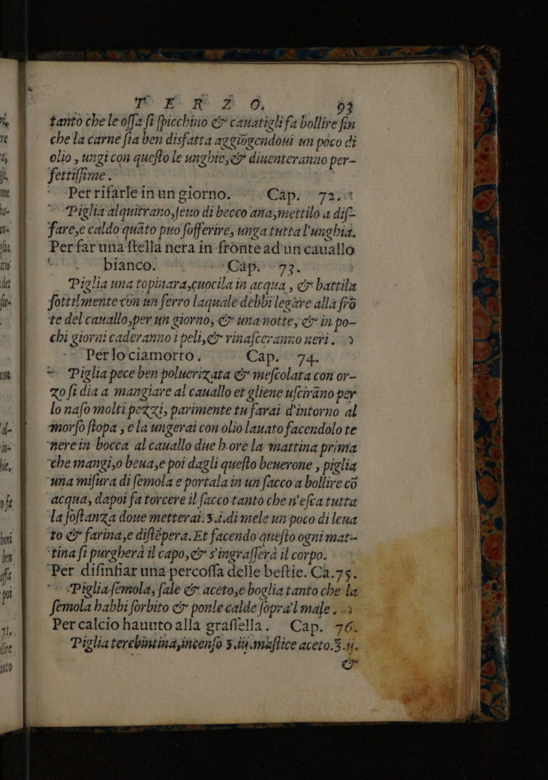 (018 tanto che le off fi fpicchino &v canatriglifa bollire fin che la carne fra ben disfatta aggiogendoni un poco di olio , ungicon quefto le unghie, diuenteranno per- fettiffime. MET SR | pT ‘- -Perrifarleinun giorno. Cap: 7a;a © Piglia alquitrano,fero di becco ana,mettilo a dif: farese caldo quato puo fofferire, unzatuttal’unghia. Per faruna ftella nera in fronteadrincauallo sid bianco. “fu Gip; 033. i . Piglia wma topinara,cuocila in acqua, & battila fottilmentecon'un ferro laquale debbi legtre alla fr ve del cauallo,per un giorno; & unanotte; & in po- chi giorni caderanno i peli, & rinafceranno nevi iv» ‘ Perlociamorro, Cap. 74. * Piglia pece ben polucrizata & mefcolata con or- gofi dia a mangiare al cauallo et gliene ufcirano per lo nafo molti pezzi, parimentetu farai d'intorno al ‘morfo ftopa s ela ungerai con olio lanato facendolo te ‘merein bocca al cauallo due h-ore la mattina prima “che mangi,o bena,e poi dagli quefto beuerone , piglia “una mifura di femola e portalain un facco a bollire cò acqua, dapoi fa torcere il facco tanto che n'efratutta ‘lafoRanza dove metterai: 3.i.di mele un poco di lena to & farina,e diftepera.Et facendo quefto ogni mat: ‘tinafi purghera il capo,& s'ingrafferà il corpo. » ‘Per difinfiar una percoffa delle beftie. C2.75. «Piglia femola; fale & aceto;e boglia tanto che la Semola babbi forbito &r ponle calde Jopra' male.» Percalcio hauuto alla grafiella. Cap. 76. Piglia terebintina,incenfo siti. mbffice aceto.5.ij. &