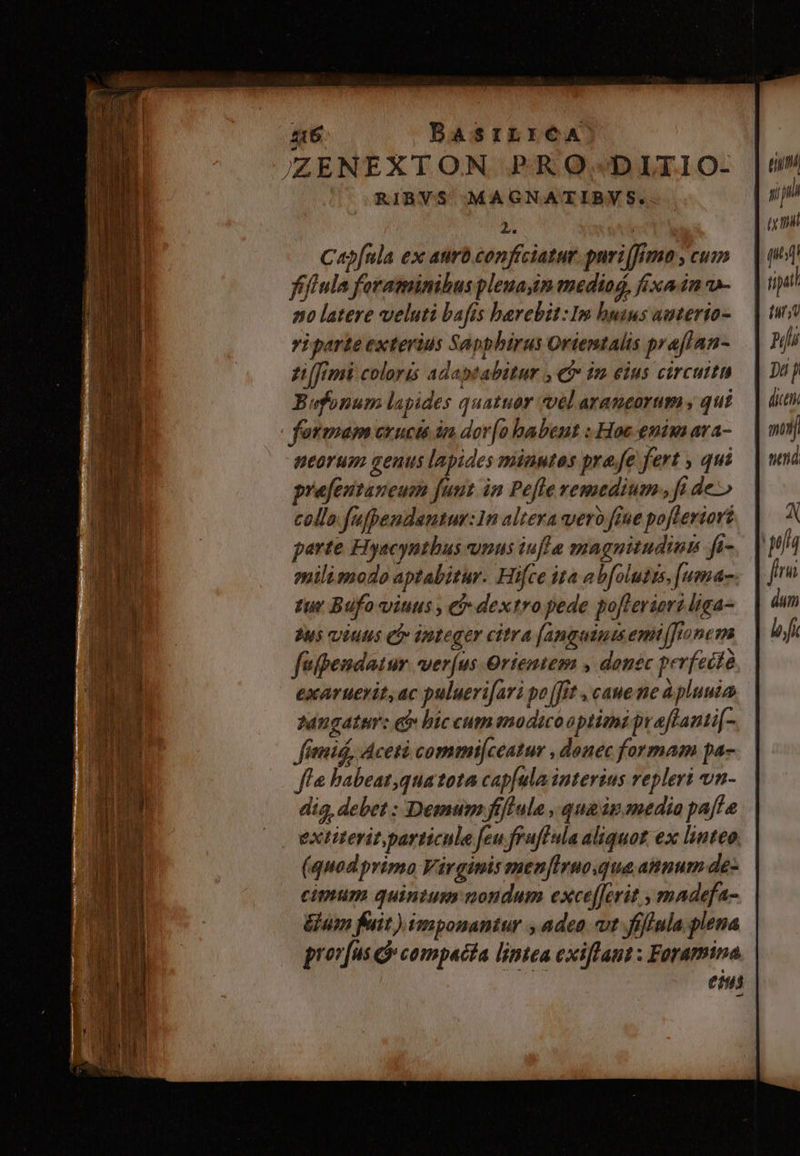 JZENEXTON PRO /DITIO- RIBVS MAGNATIBY S. LY Capfnla ex atrb conficiatur. puri[fima y cum fifi ula foraminibus plenam medio, fixa in v- no latere veluti bafis barebit: Im huius auterio- vi parte exterius Sapphirus Orientalis praflan- zu (frmi coloris adaptabitur , €9 in eius circutti Bufonum lapides quatuor evel araueorum , qui formam exucis in dor[o babent : Hoe enim ara- meorum genus lapides minutos pra.fe fert , qui prefentaneuen funz in Pe[fle vemedium., fi de» collo fufpendantur:1n altera vero fiue pofteriors parte Fyscyntbus unus iufla magnitudinz fi- milimodo aptabitur. Hifce ita ab[olutts, [uma- tur Bufo viuus , ei dextro pede po[leriors liga- Bus ciuts Co integer citra [angaints emi[Jwonem faipemdatur. ver[us Orientem , donec perfecte exAruerit,ac puluerifari po fit , caue ne Aplumao 2ungater: ei bic cum modico optimi pvaftanti[- fémmid, Acetà commi[ceatur , donec formam pa- fa habeat,quatota capulo interius repleri vn- dia, debet : Demum frflala , qua ip. media paffe | exititerit,particule feu fruffula aliquot €x linteo cimum quintum nondum exce[ferit , madefa- &num fuit) imponantur , adea t fíflula plena prov[us c compacta lintea exiflaut : Foramina eiu um, jp (umi rd x1 i tursV piu pu? dicti mol nhà X fm dum lf