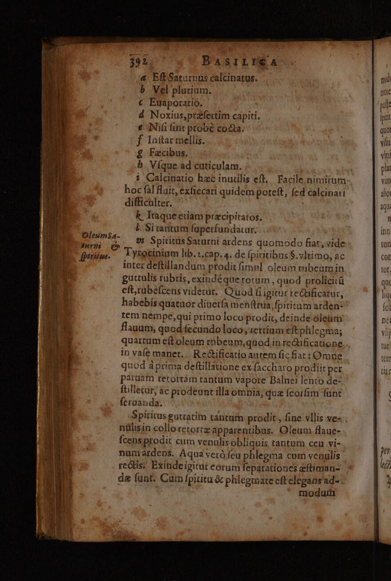 Wr ^ | | li TAE LAT lj MOS. m nl j l uy t MAIS M P FIN 1 JEn i ATO 9d 392 BaAsIiLI€A 4 EfftSaturnus calcinatus. b. Vel plurium. € Euaporatio. d Noxius,przfertim capiti. € Nifi int probé cocta. f Inftar mellis. £ Facibus. b. Víque ad cuticulam. hoc fal fluit, éxficcati quidem poteft, (ed calcinaii difficulter. P : k. Itaqueetiam przcipitatos. j L. Sitadtum faperfundaur. Bitimsa- Spiritus Saturni ardens quomodo fiat, vide fe»; d». DP SpiritasSatu rdens quomodo frat, v fprtidwe. Tyrocinium lib. ». cap. 4. de fpiritibus $. vltimo, ac inter deftillandum prodit fimul oleum rubeum in guttulis rubis, exindéque totum , quod prolicicü eft,cubéfcens videtur. Quod fiigitur reQüficatur, habebis quataor diuetfa menhftrua, fpiritum arden- tem nempe,qui primo loco prodit, deinde oleum flauum, quod fecundo loco; :ettium eft phlegma; 1n vale manet... Re&amp;ificatio autem fic fiat : Omne quod áprima deftillauone ex faccharo prodiit per pataam rerortám tantum vapore Dalnei lento de- ftillecur; ác prodeunt illa omnia, quz feorfim funt feruanda, nülisin collo retorrz apparentibus. Oleum flaue- fcens prodit cum venulis obliquis tantum ceu vi- num ardens. Aqua verà (eu phlegma cum venulis re&amp;is. Exihndeigitut eorum fepatationes zftiman- de (unt. Cur fpiritu &amp; phlegmare eft elegans'ad- . modum