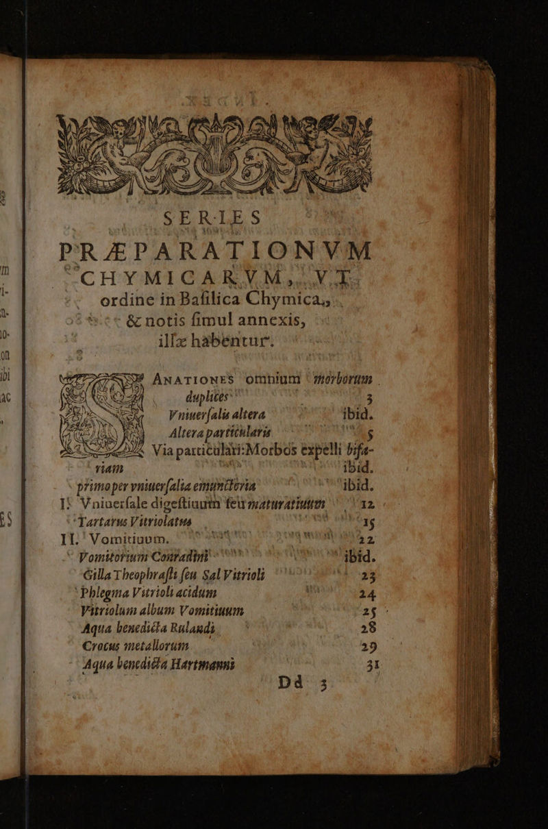 eri PREPARATIONVM ^4CHYMICARVM, Vua ordine in Balilica Cinridicu. &amp; notis fimul annexis, il[z habentur. AÁwATIONES Oftnnium Pug ! duplices | V niuer[alis altera ibid. Altera partitulari M $ SCA Via particulari: :Morbos expelli bifa- riain ibid. primoper vniuer[(alia esmumdteria ibid. I! Vniuerfale digeftiaum feu TAL Ur Ati 0M. Tartarus Vitriolatus. | 1j It. Vomitiuum. Spb] wer 2  Vomitorium Conradini 000 ibid. Gilla Theophrafh feu. Sal Vitrioli 23 Phlegma Vitrioli acidum m 24 Vatriolum album Vomitiutm | 25 ^ Aqua benedila Rulaudà, — | 28 Crocus metallorum | 29 Aqua bencdiia Hartmapni 3! ; Dd