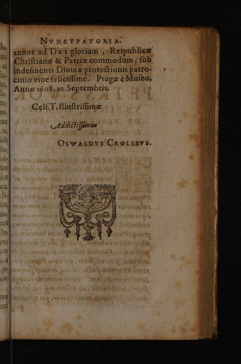 NvNcGYPATORI A. annos ad D 1 gloriam , Reipubliea C€hriftianz &amp; Patriz commodum, fub indefinenti Diuinz protectionis patro- ..| cinio viue felicifüme. Prage eMufeo, | Anno 1608.10. Septembris. |... ;Cel£T.Illuftrifüima . b c Addichiffimis OswALDVS CROLLIYS.
