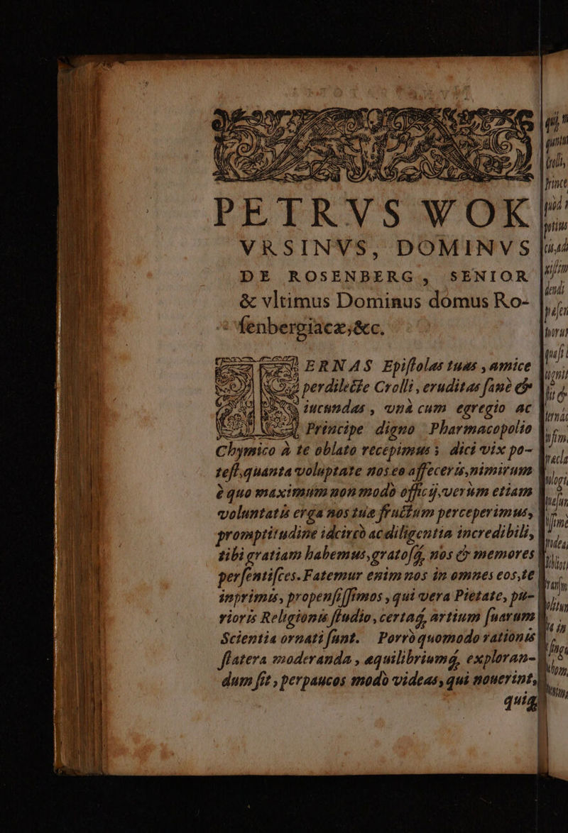PETRVS WOK* ! | |t VRSINVS, DOMINYVsS Jue DE ROSENBERG , SENIOR (di &amp; vltimus Dominus dómus Ro- p * fenbergiacas;&amp;c. - | uj | C277 perdiletfe Crolli ,eruditas fané e li ; Aa ota IMeumdas , vna cum egregio ac |, EU sca, Principe digno |.Pharmacopolio | | ifm Chymico à te oblato recepimus y. dici vix po- Vr, zefl.quanta voluptate noseo affecerm,nimirum quo maximum mon modo offci.verum etiam voluntatis erga nos 1ua frucium perceperimus, Y. promptitudine idcircb aceliligentia incredibili, V. tibi gratiam babemus,gratofá, mos cy memores | ilis per[entifces.Fatemur enim mos im omnes eos,te | js inprimis, propenfifftmos , qui vera Ptetate, pu- |j bin rioris Religionis ffudio, certag, artium [narum | * Scientia ornati funt. | Porróquomodo rationis | h flatera imoderanda , equilibrium, exploran- ! | d dum fit , perpaucos modo videas, qui nouerit) quia, (m moe ERNAS Epi[folas tuas , amice