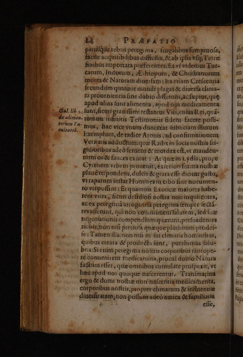 d PuRrFATrIO pauitqüe rebus peregrina, frügalibusfumpruofa; facile acquiübilibüs difficilia, &amp;c ab ipfis vfay Tetre finibus importata pizferenites;Et vt videmus Tur- caram, Indorum, ZEihioputo , &amp; Chiiftianorum mores&amp; Naturam diueríam: Ira eríam Crefcendia fecundum quatuor mundi plagas &amp; diuerfa clima- (à prouenientia finie dübio diffzruntac Ízpius,que apud alios funt alimenta , apud nos medicamenta Gal. lio ;.. füntjficuti gradiffimi reftanrur Viri;coids R ei,quá- We alimen- vimus infinitis Teftimoniis fidem facere pofli- vidi, mus; hac vice vnüm duntaxat (übiiciam illorum  Exemplum, de radice Aronis ;ad confirmationem Veritaas adductam:que Radix in locis noftris fri- gidioribus adcó ferüens &amp; motdax eft,vc manden- tium os&amp; faucesexatát :/ At quein Lydia, prope Cyrenem vibein prouenit; exicrioriforma nottise planévefpondens, dulcis &amp; etara effe dicitütgulftu, Vtraparum inftar Hominesin obo fine nocumen- to vtipoffiat: Ecquamtis Exotic maiotcs habe- tent vites, ficri de(idiofi noftra nion inquicentes, acex petegtindárroganifià peregtina (emper fecta- tésaffetunt, aui non cotuüiünenifalutem (ed (ug hegótrationis compendium quaranipecfuadenres ríobis;non nifi pretiofa amaque plarimum prodelt- fe: T'atnen'illa non mft in fui climaris hominibas, Quibus creata &amp; producta (ünt , putabiriüs falus bcia:Sietiità pexegriba noftris corporibé&amp;s rantope- té conuenirent rhedicanina,procül dubio Natura factüm effet , quzomnibus cumulate profpexit, vt heeéápid nos quoque nafcerentur; T'ran(marina ergo &amp; domi noftre don naícenua medicatnernta, cotporibus nóftris;propter'climaram &amp; itifluentiie diueifitacem;non poffuntadeóamica m Cic,