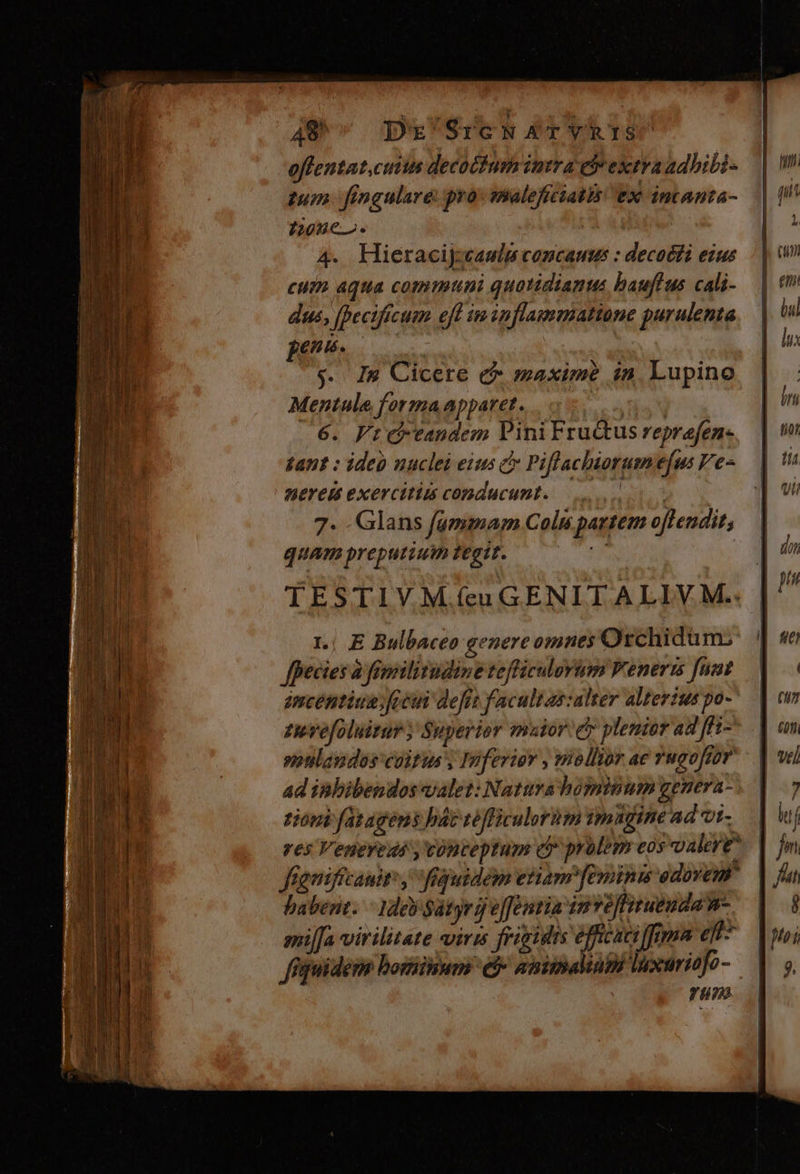 49 DE'SrcNATYkhIS offentat,cuitis decochum imra eb extra adbibi- tum. fingulare: pro» wmaleficiatbs Ex intanta- 1205€. AM 4. Hieracijzeauli concamus : decocti eius cum aqua commtni quatidianus bauffus cali- dus, [pecificum. eff im inflammatione purulenta pens. | $. I» Cicere e$ maxime in. Lupino Mentule forma apparet. RS 6. Ficbteandem Vini Fru&amp;tus reprafen- £ant : ide nuclei eius c Piflachiorume[us Ve- Bereit exercitiis conducunt... 0007 7. .Glans fummam Cols partem offendit, quam preputzum teet. LR TESTIVM (cuGENITALIVM.. 1.; E Bulbaceo genere omnes Orchidüm; fpecies à fesmilitudine tefficulovum Veneris [nat emcentius fce dera facultas:alter alterius po- zievefoluitur; Superior maior: ey plenior ad ffi nnlendos coitus S Inferior , vollior ac ?ugoffoY ad inbibendos valet: Natura hominum genera- tior fata gens hat téfficuloràm im agine ad vi- res Veneredi y vonteptum e prülbys eos oaleye^. freniffcauit: , figuidem etiam feminu gaovem | babent. - 1deb Satyr e[fentia im veltitueuda w-. mif[a virilitate viris friridis efcaciffgmm eft7 | fiquidem borum e$- animalium locurio]o- YU 2|