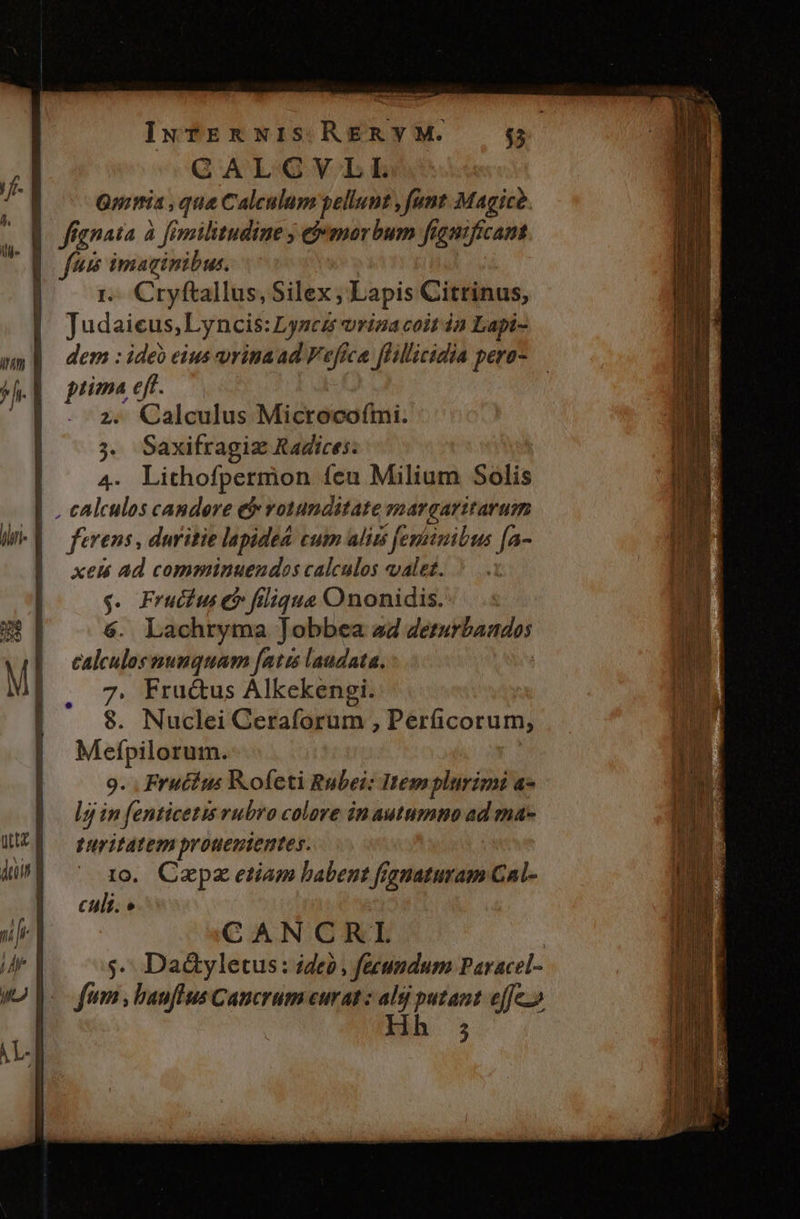 uua an iaa GQALGYLE Qyittia , qua Calculum pellunt , fant Magicé ] fgnata à fémilitudime j d*morbum figmficant ].- fuus imaginibus. | I. Cryftallus, Silex ; Lapis Citrinus, | Judaicus,Lyncis: Lyscé vrina coit i2 Lapi- wn| dem :ideo eius vrinaad Fefica flillicidia pero- hh. | pus sur ] Calculus Microcofmi. h . axifragiz Radices. 4. Lithofpermon feu Milium Solis | calculos candere e&amp; votunditate nien WV ferens, duritie lpided cum alis feminibus [a- |. xem ad comminuendos calculos valet. | $. Frucius e$ filique Ononidis. 9$ ] 6. Lachryma Jobbea a4 deturbandos M |. calculesmunquam fatis laudata. |. 7 Fru&amp;us Alkekengi. 1 $. Nuclei Ceraforum , Perficorum, |. Mefpilorum. 9. . Fructus Kofeti Rubei: Itempliimi a- |]. dginfenticetis rubro colore inautumno ad ma- WIEU — guritatem prouemientes. iun . Cepz etiam babent fianaturam Cal- | C Ms » ule | CANCRL A | 5. Da&amp;yletus: ide? , feeumdum Paracel- yu p. fum, bauflus Cancrum curat : alj putant effe.» )