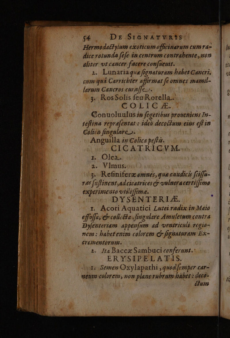 $4. Dz SicNATYRÍS Hermodatdylum exoticum offiinarum cum va- dice votunda fefe 4n centrum contrabente uon aliter vt cancer facere confueutt. 2. Lunariaqwe f gnaturam babet Gancri, cum quà Carricbter affirmat fe omnes anamil- larum Cancros curaffe..». 5. KosSolis feu R.orella.. COLI OC XE. Conuoluulus zn fegetibus proteniens In- teflina repra[entat : ideó decoctum eius efl in Colica fri fngalare ». Anguilla zy 'Celica peff a. CICATRICV M. Olea. V]mus. ;. Refiniferz emnes, que caudicis fciffa- ve foffinent ad cicatrices cy vulmeracerti [imo experimento vtiiffima. DYSENTERIJE. I. Ácori eae Lutei radix in Maio effo offa, eb colicéta . fr ngnlare Amuletum contra Dyfeuteriam ajptrero ad ventriculá vegzo- nem : babetenim colorem c ff LANI Ex- erementórum. 2. JtaBacczSambuci cozferant. ERYSIPELATIAS. 1. Semen Oxylapathi , quod femper car- «eum colorem, nom plane rubrum babet : deca- Gum