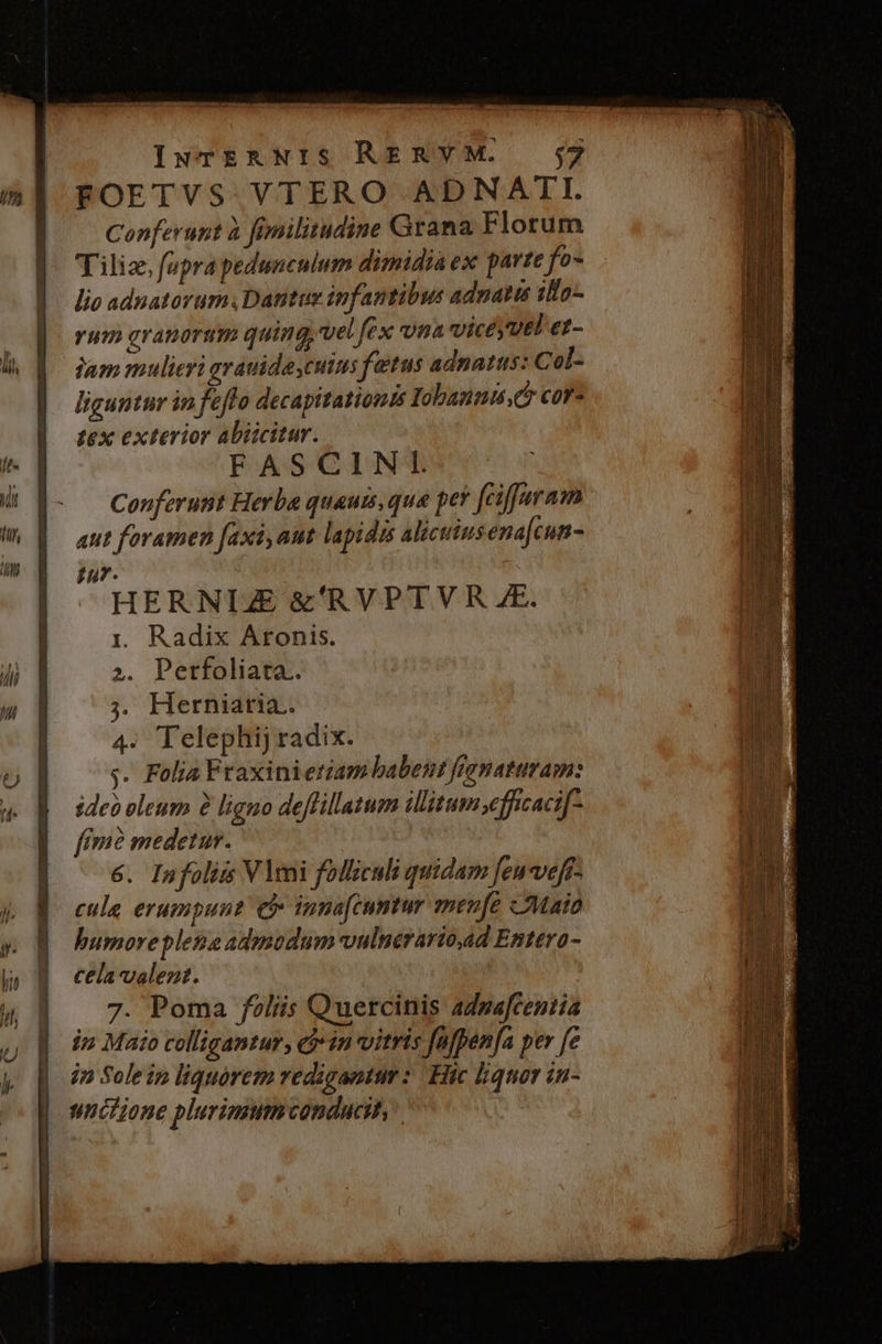 m y^ Uh ———uá—I IyTERNIS RERYM. 57 FOETVS VTERO ADNATI. Confevunt à fimilitudine Grana Florum Tiliz, faprapedunculum dimidia ex parte fo- lio adnatorum. Danituz infantibus adnata 1Ho- yum granorum quing, vel fex vna viceyvel et- jam mulieri grauida,cuius fetus adnatus: Col- liguntur in fefto decapitationts Iobanus,c cor- tex exterior abücitur. FASCINL Conferuit Herba quauis, qua per [cifforam aut foramen fasi, aut lapidis aliciusena[cun- iur. HERNIAZ &'RVPT V R ZE. 1. Radix Aronis. ?. Perfoliata.. ;. Herniaria.. 4. Telephij radix. s. Folia Fraxinierzam babent feenaturam: ide oleum 2 ligno deffillatum ilitum efficaci fim medetur. 6. Infoliis Vlmi folliculi quidam [euveft- cule erumpunt c inna[cumtur menfe Maio humorepletie admodum vulgerario,ad Entero- cela valezt. in Maio colligantur, e in vitris Jafpenfa per fe in Sole in liquorem redigantur : Hic liquor in- unciione plurimmnconducit, e um