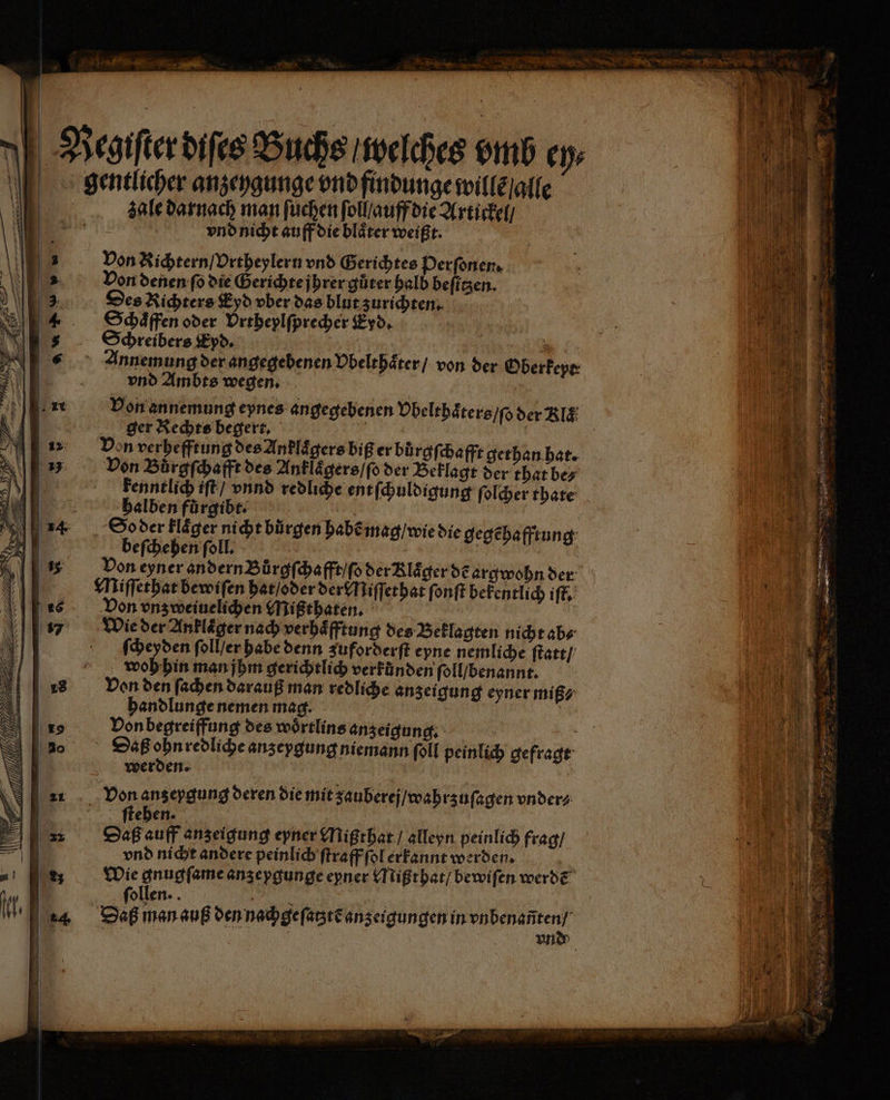 1 1 } 3 u KFNegiſter diſes Buchs / welches vmb ey⸗ Fgentlicher anzeygunge vnd findunge wille alle zale darnach man ſuchen ſoll/ auff die Artickel / vnd nicht auff die blaͤter weißt. | Von Richtern / Vrtheylern vnd Gerichtes Perſonen. | in f 9 Von denen ſo die Gerichte jhrer gůter halb beſitzen. e { Des Richters Eyd vber das blut zurichten. e Schaͤffen oder Vrtheylſprecher Eyd. | Schreibers Epd. | | A Annemung der angegebenen Vbelthaͤter / von der Oberfeye vnd Ambts wegen. | Von annemung eynes angegebenen Vbelthaͤters / ſo der Rla > ger a 9 5 10 Ba. | on verhefftung desAnPlägersbißer bůrgſchafft gethan hat. Von Buͤrgſchafft des Anklaͤgers / ſo der Bellen erh de kenntlich iſt / vnnd redliche ent ſchuldigung ſolcher thate halben fürgibt. 3 So der klaͤger nicht bůrgen habẽ mag / wie die gegẽhafftung beſchehen ſoll. Von eyner andern Bůrgſchafft / ſo der Klaͤger de argwohn der Miſſethat bewiſen hat / oder der Niſſethat ſonſt bekentlich iſt. Von vnz weiuelichen Mißthaten. Wie der Anklaͤger nach verhaͤfftung des Beklagten nicht ab⸗ ſcheyden ſoll / er habe denn zuforderſt eyne nemliche ſtatt / woh hin man jhm gerichtlich verkünden ſoll / benannt. Von den ſachen darauß man redliche anzeigung eyner miß⸗ handlunge nemen mag. Von begreiffung des woͤrtlins anzeigung . | Daß A redliche anzepgung niemann foll peinlich gefragt werden. u 2 ansepgung deren die mit zauberej/wahrsufagen vnder⸗ ſtehen. Daß auff anzeigung eyner Mißthat / alleyn peinlich frag / vnd nicht andere peinlich ſtraff ſol erkannt werden. 6 Wie gnugſame anzepgunge eyner Mißthat / bewifenwerde . ee — 8 = En — . are 0 N NR une 8 EA MER 2 1! 5 HH vB Saß man auß den nachge ſatztẽ anzeigungen in vnbenañten / | | vnd