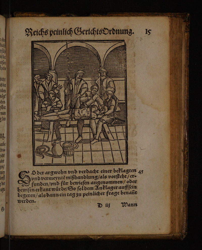 Reichs peinlich Gerichts ordnung. 18 ) a — 2 2 8 . .. , 4 2 — ALLA , — LA — N ,. DT 2 — 2 ,, | m Wa | = 222 r 777 7 D 1 ER en — — @ O der argwohn vnd verdacht einer beklagten 45 funden / vnd für bewieſen angenommen / oder begeren / als dann ein tag zu peinlicher frage benañt werden. sel | N ner Dif Wann