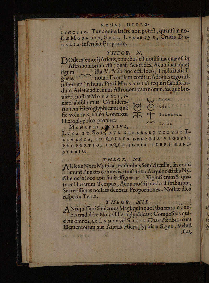 f — Cue e MAN meus m. MONAS HIERO- ivwcerro. Tuncenim]latére non poteft , quantüm no- freMowAnpris,SorrLvwasQyz, Crucis D z« NARLA-inferuiat Proportio, à | THEOR. X, Odecatemorij Arietis,omnibus eft notiffimaqua eft in ^ Aftronomorum vfu (quafi Acioxdes, Acuminataque) figzurá - Mta: Vt'&amp; ab hoc cxli loco , Triplicitatis I- gnex, /'' ' notari Exordium conftat. Ad ignis ergo mi- dum,A rietis adiecimus Aftronomicam notam.Sicque bre- uiter, noftre Mo wA n1 5s,V- i dis nam abfoluimus Cornfidera- 4, : KAMEN tionem Hieroglyphicam: qui ej BON fic volumus, vnico Contextu |. i d ELZMINTA Hieroglyphico proferri. yd ONADIS «fS T1V.5, LvuA ET SOL; SYA SEPARARI VOLYNT E- LEMENTA, IN.QYIBVS DENARIA VIGEBIT PROPORTIO; IDQVB IGNIS PIERI MINI- STERIO, | | lIeNnNrs. THEOR. XL | ARietis Nota Myltica, ex duobus Semicirculis , in come -: 4nuni Punto connexis,conftituta: Aequinodialis Ny- £themerzloco aptiffimé affienatur. ^ Viginti enim &amp; qua^ tuor Horarum Tempus , Aequinoctij modo diftributum, Secretiffimas noftras denotat Proportiones . Noftre dico refpectu Terr. Selobiiios | | THEOR)GXLIÁi-i:i asl Ntiquiffimi Sapientes Magi,quinque Planetarum , no- bis tradidere Notas Hieroglyphicas: Compofitas qui- demomnes, ex L v x As vel$ o x 1 Chara&amp;teribus:cum Elementorum aut. Arietis Hieroglyphico.Signo ec | : nitas, Cum MÀ 2c 4 Cf .e69 Cm —— 