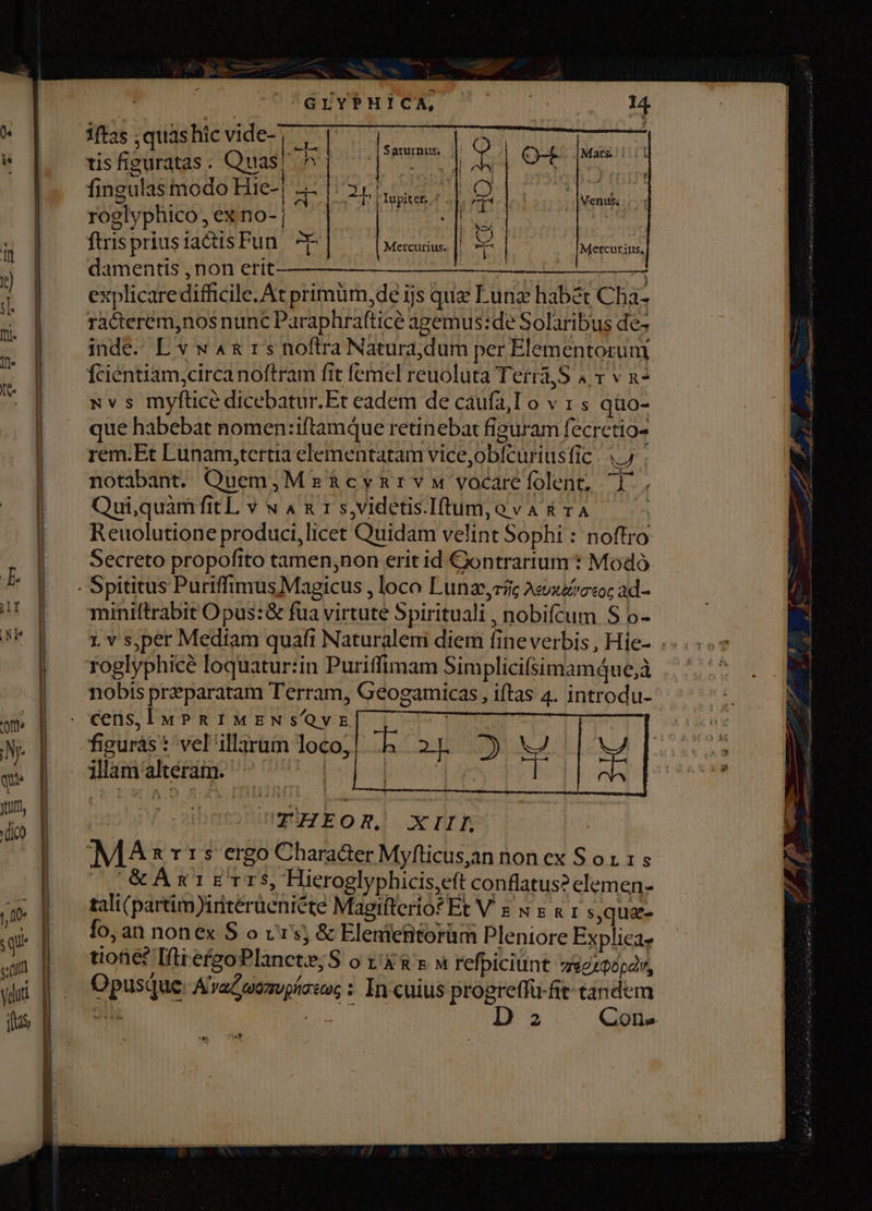 ro GrYPHICA, ; 1ftas ,quas hic vide-; s NA Q pomi | W tis fieuratas . Quas. n | VM Rr AER E : fingulasmodoHie-| | 2n | O Ka roglyphico , ex no- j ipo dod abes | i ftr IS prius la&amp;is Fun Sn Mercurius. | 2: Mercurius, ; | damentis , non erit ——— SU SURE Ir Hy i] explicare difficile. At primum, de ljs quz Lune habet Cha- - racterem,nos nunc Paraphrafticé agemus:de Solaribus de- à inde. L v w &amp; r s noftra Natura,dum per Elementorum T | fientiam;circanoftram fit femcl reuoluta Terra,S 4 v v x^ I omvs myftice dicebatur.Et eadem de caufa,I o v 1 s qüo- que habebat nomen:iftamque retinebat figuram fecretio- | rem.Et Lunam,tertia elementatam vice,obícuriusfic | 4.7 | notabant Quem,Mz»&amp;cynrvw vocarefolent, 1 | | QuiquamfitL v wA R 1 s,videtis.Iftum, ova &amp; vA Reuolutione produci,licet Quidam velint Sophi : noftro | | Secreto propofito tamen;non erit id Cjontrartum : Modó E |. -Spititus PuriffimusMagicus , loco Lunze,re Asuxvococ ad-- ME | miniftrabit Opus:&amp; fua virtute Spirituali , nobifcum S o- |o rvs,perMediam quafi Naturaleni diem fineverbis , Hie- | roglyphicé loquatur:in Puriffimam Simplicifsimamque,à | mobispreparatam Terram, Geogamicas , iftas 4. introdu- 'omé | cens, Iw» RIMEN s^Q y E. p ' N. | figurás: vel'illarum loco, qui | illam S | | UGUHEOR, XII | MA n 15 ergo Chara&amp;er Myfticusan non ex Sox 1$ | '&amp; ÁAÁmnxt1ETIS, Hieroglyphicis,eft conflatus? elemen- | tali(partim)iritérüenicte Magifterio* Et V x s s « 1 s,qua- | foan nonex 5 o vr's; &amp; Eleniefitorüm Pleniore Explicaz | tiofie£ IftiefzoPlancte;S o tz'X&amp;&amp; M refpiciünt zse/popav, wi |. Opusque AvaCwonupics; : In cuius progreffü-fit tandem | «4 D 2 Cone