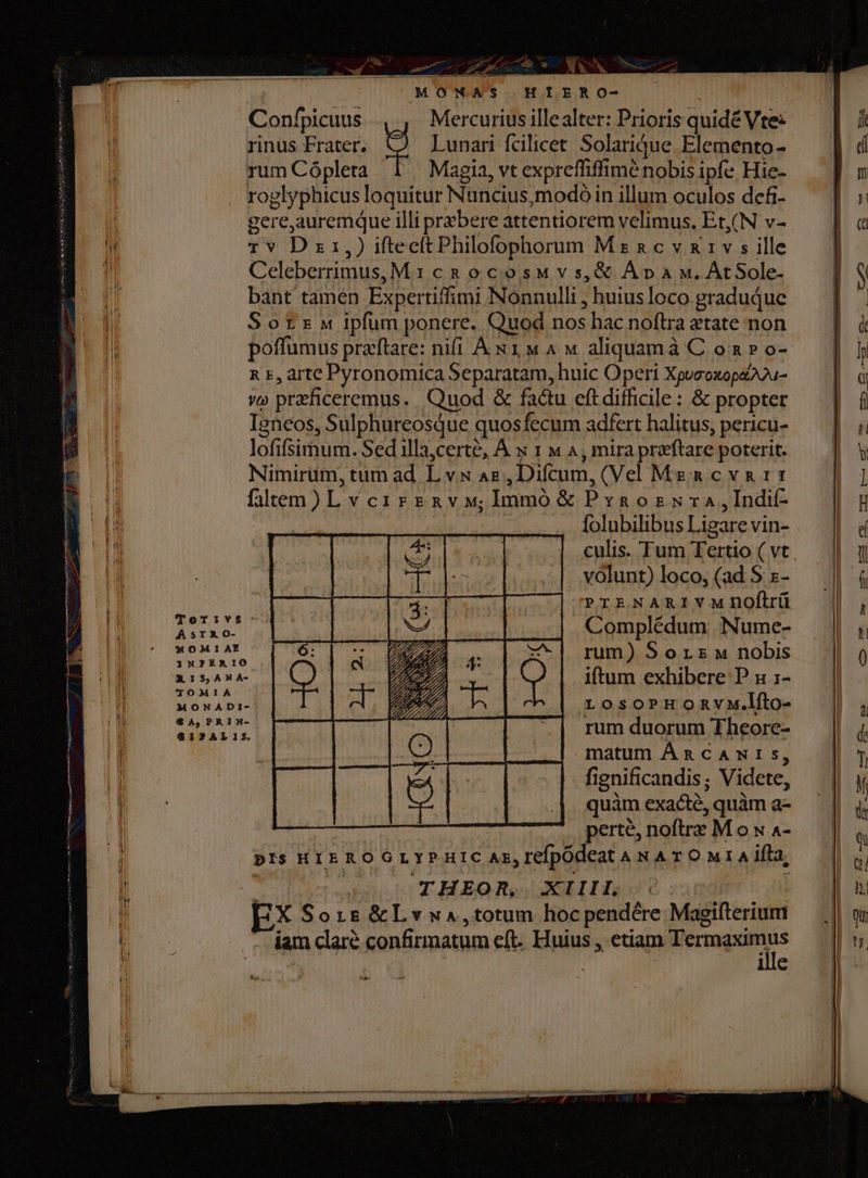 MONMAS HIERO- Confpicuus - Mercurius illealter: Prioris quidé Vtez rinus Frater. Lunari fcilicet. Solariqdue Elemento - rum Cópleta Magia, vt expreffiffimó nobis ipfe Hie- roglyphicus loquitur Nuncius,modó in illum oculos defi- gere,auremque illi prebere attentiorem velimus, Et,(N v- rv Dzr,) iftecitPhilofophorum Mz x c v &amp;1 v s ille Celeberrimus,M1 cg ocosMvs,&amp; ÀÁpa M. ÁtSole- bant tamen Expertiffimi Nonnulli , huius loco graduQuc Sors ipfum ponere. Quod nos hac noftra etate non poffumus praftare: nifi A x1 M 4 Mw aliquamà C o » o- &amp; c, arte Pyronomica Separatam, huic Operi Xpueoxope22u- vo preficeremus. Quod &amp; factu eft difficile : &amp; propter Igneos, SulphureosQue quosfecum adfert halitus; pericu- lofifsimum. Sed illa,certé, À x 1 w 4 , mira praftare poterit. Nimirum, tum ad L vx A2, Difcum, (Vel Meg cv 11 falem)L vcirzm&amp;vw;lmmó&amp; Pxsoswra,Indit- folubilibus Ligare vin- 4 j à culis. Tum Tertio ( vt Y d . |. volunt) loco, (ad S x- NOMIAE rum) Sorzw nobis 1NFERIO 3 a A15, A A- iftum exhibere P x :- Aie M LosoPpPHomnvM.líto MONADI- P o  € A,PRIN- LL rum duorum Theore- matum Án cAw1s, fignificandis; Videte, quàm exacte, quàm a- | perte, noftre M o w 4- pIsS HIEROGLYPHIC Az, IcÍpOdeat A N A T O M1 A ifla, : | THEOR, XIIII, | X Sois €&amp;Lvwa,totum hoc pendére Magifterium iam clare confirmatum eft. Huius , etiam iier | ille €3?AL1sS. &amp;w n