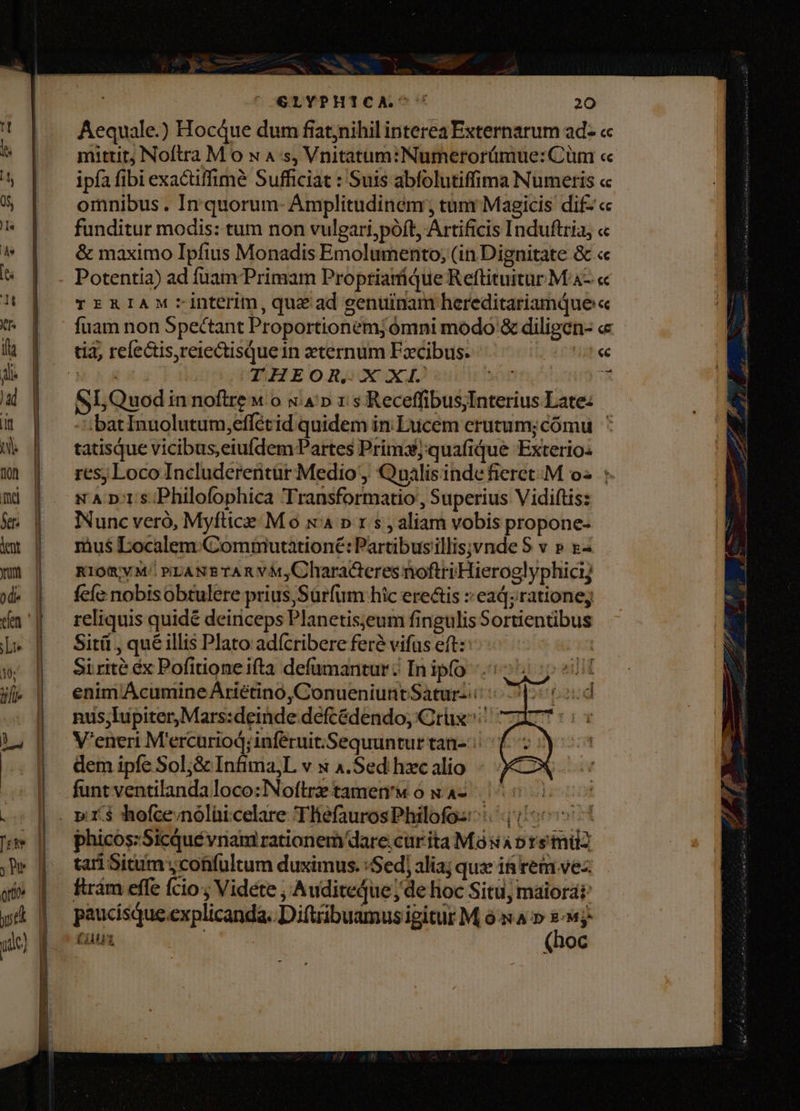 - S GLYPHTICA. 20 Aequale.) HocQue dum fiatynihil interea Externarum ad- « mittit; Noítra M o w 4 s, Vnitatum:Numerorümue: Cüm « ipfa fibi exactiffimé Sufficiat : Suis abfolutiffima Numetis « omnibus . In quorum- Amplitudinem , tum Magicis dif- « funditur modis: tum non vulgari,póft, Artificis Induftria, « &amp; maximo Ipfius Monadis Emolumento, (in Dignitate &amp; « Potentia) ad fuam Primam Proptiamique Reftituitur Maa- « TERIAM interim, que ad genuinam hereditariamQue « fuam non Spectant Proportionemj ómni modo &amp; diligen- « THEOR, X XI. 20r E SL Quod in noftre w o w4'» r s ReceffibusInterius Late: -ibatInuolutum,effétid quidem in Lucem erutum;cómu tatisque vicibus,etufdem Partes Prim3quafique Exterio: res; Loco Includerentür Medio , Qpalisinde fieret: M o2 : N A D:1 s Philofophica Transformatio, Superius Vidiftis: Nunc veró, Myftice M o x p 1 s , aliam vobis propone- mus Localem.Commutatione: Partibus 'illisjvnde S v » &amp;- K1ORVM' PLANBETAR VM,CharacteresnoftriHieroglyphiciy fefe nobisobtulere prius,Surfum hic ere&amp;is ::ead;rationey reliquis quidé deiriceps Planetis;eum fingulis Sortientibus Sitü , qué illis Plato adícribere fere vifus eft: Sirité ex Pofitione ifta defumantur: In ipfo enim'Acumine Aríétino, ConueniuntSatur:.:: nus;lupiter,Mars:deinde defcédendo;, Crüx^ ^ V'eneri M'ercuriod;inféruit./Sequuntur tan- dem ipfe Sol;&amp; Infimaj;L v s 4.Sed hxc alio funt ventilanda loco: Noftrz tamen'w o x 4- phicos;SicQué vnam rationem dare; cur ita Má ia 5x milz tari Situm y cohfultum duximus. Sed, alia; quz i&amp; rem vez ftrám effe fcio; Videte ; Auditeque; de lioc Situ, maiorár Gut (hoc
