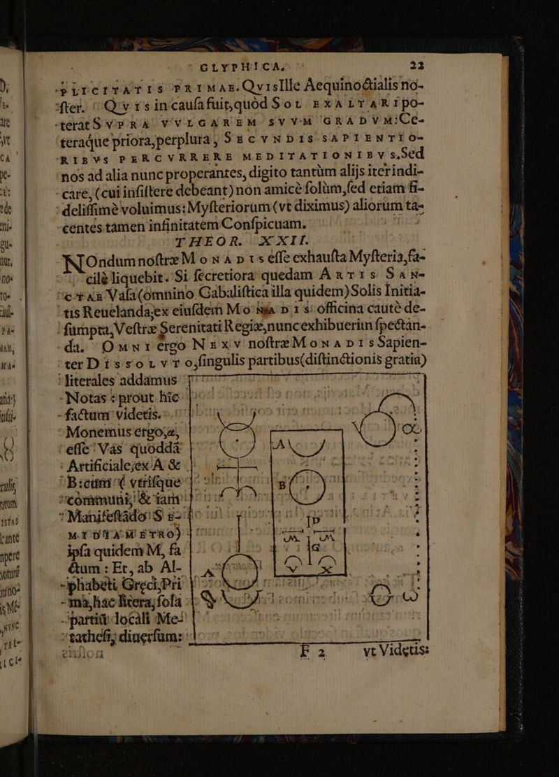 1t tiri : cili Me m ' GLYPH CA, 22 pyurerrATIS PRIMAr.Qvisllle Aequino&amp;ialis no- fter. ^ Qi 1s incaufafuinquod Sot. 2 x A LTARÍpO- eeratS v&amp; RA VVLGAREM SvVVM GRAD v 4:Ce- teraque priorayperpluta j$8CcVNDIS SAPIENTÍO- RIBVS PERCVRRERE MEDITATIONISyY s.Sed 'nos ad alia nunc properantes, digito tantüm alijs iterindi- - care; (cui infiftere debeant) non amic folüm,fed ctiam fi- -deliffim? voluimus: Myfteriorum (vt diximus) aliorum ta- -cetites tamen infinitatem Confpicuam. miu | THEOR. XXII. Ondumnoftre M o s 4 » vs effe exhaufta Myfteria,fa- cilé liquebit. Si fecretiora quedam A a v 1 s. S. w- ! fürnpta, Veftre Serenitati Regiz,nuncexhibueritn fpeótan- da, OmwwrergoNExv noftre M ow A p t s Sapien- erDissorv' ojfngulis partibus(diftinctionis gratia) diterales addanius r0 mim Y eU TRTEUDTUEUUE Notas : prout. hic. |^ -fa&amp;um' videtis. -.' Monemus ergojs, effe; Vás quoddá | Axtificialejex A &amp; 4 - Bieant (viue | corimuni; &amp; iam?! Manifeftádo!S 82:005 M.f DEA ETRO)]! ipa quidem M, fà v $. 5s xut ona v fl Yr Xe E ab AI- -iphabeti. GrecijPri Sox D: 3, hac Bicera;fofaà X C) -partid:.locali Me 'tachefr diaerfum: d zhíloa Fa vt Videtis: