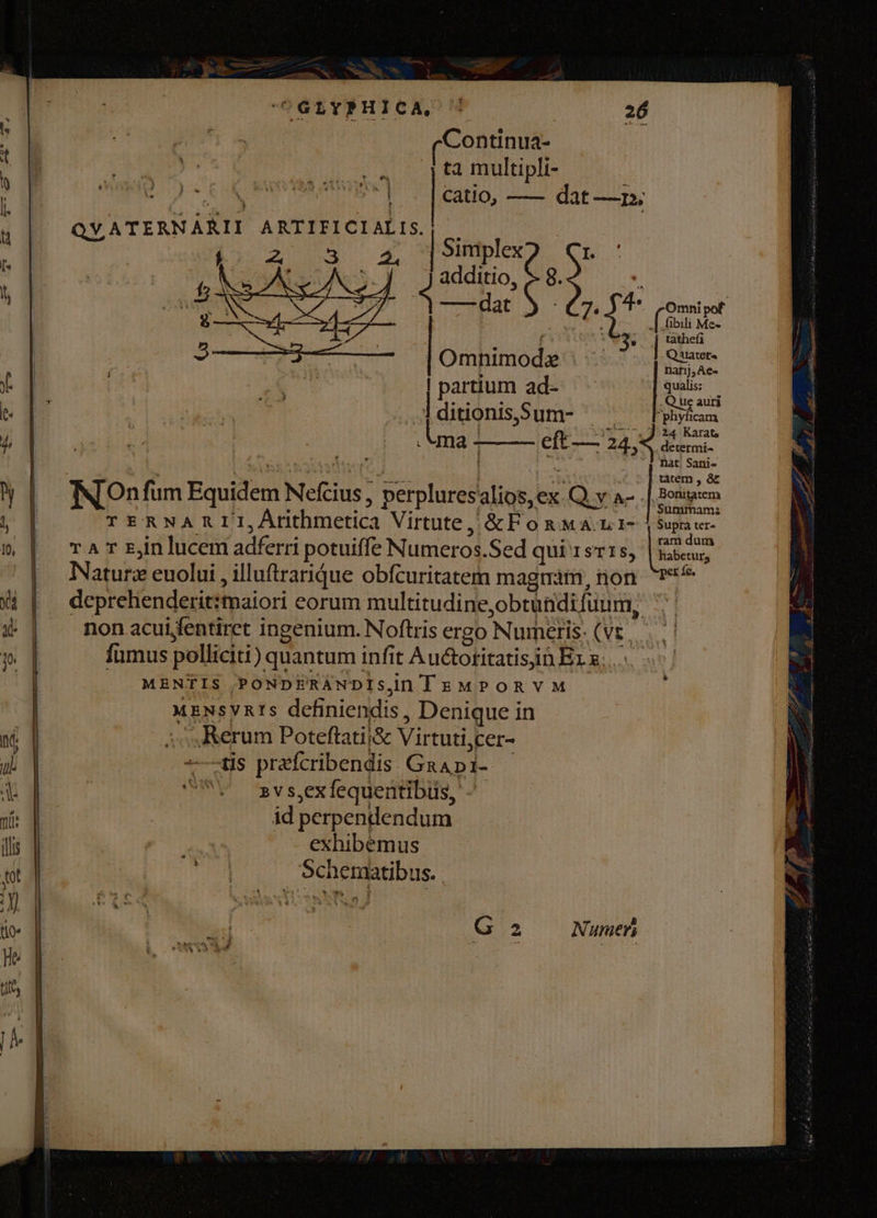 UGLYPHICA, ^ 26 (Continua ta multipli- : AMAA ^| . catio, — dat —r; VATERNARII ARTIFICIALIS.| - E. P | Simplex I additio, 7 8 . ——dat j á 4. Omni pof 22 7 ^ Í fibili de EN f 3» tathefi : Aatete DoecREDET m Omnimodz na PS | partium ad- qualis - ' ^r . . Que auri .Alditionis,Sum- Fohvficam | Dn438 77. 35 $4 Karate . Mna eft — 24,4 determi i SW PERRA, : nat, Sani- Me. i NETS Fi Ins atem , à IN Onfum Equidem Nefcius , perplures alios, ex Q Y ac. | Bonigin TERNARII,Arthmetica Virtute, &amp;F o x MA.L1- | Supra ver- | . . : ram dum T AT Ejin lucem adferri potuiffe Numeros.Sed qui 1sT15, (sem Naturz euolui , illuftrarique obfcuritatem magmám,non ^ deprehlenderitimaiori eorum multitudine,obtündifuum, non acui/fentiret ingenium. Noftris ergo Numetis: (Vt, . fumus polliciti) quantum infit Auctotitatisiin Ex x. .. MENTIS PONDERANDISIn TIEMPORVM MENSYRISs definiendis , Denique in 4 erum Poteftatii&amp; Virtuti,cer- — tis prafcribendis. GaAp1- CV ^ »vs,xfequentibus, - id perpendendum exhibemus Schematibus. ^N G2 Nune
