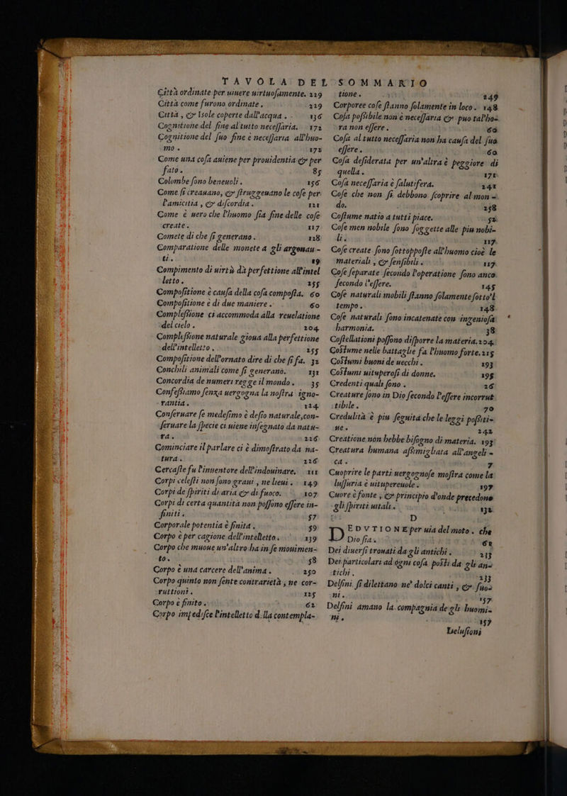Città ordinate per uinere uirtuofamente. 29 Città come furono ordinate, ‘229 Città , <> Isole coperte dall'acqua La 136 Cognitione.del fine al'tutto neceffaria. (172 La | Cognittone del fuo fine è neceffaria all’huo- MO « 17% Come usa cofa auiene per prouidentia &amp;» per fato. 85. Colombe fono beneuoli . 156 Come ft creauano, <> ftrurgemano le cofe per. lamicitia , cy difcordia . I2r Come e mero che l'huomo fia fine delle cofe create. 117 Comete di che ft generano . 128 Comparatione delle monete a gli argonau - ti. 19 Compimento di urrtà dà perfettione all'intel letto . 255 Compofitione è caufa della cofacompofta. co Compofetione è di due maniere . 60 Compleftione ci accommoda alla reuelatione del cielo . 204 Compleftione naturale ziona alla perfettione dell'intelletto , 255 Compofitione dell’ornato dire di che fifa. 32 Conchili animali come (î generano. 131 Concordia de numeri regge il mondo. 35 ConfeRiamo fenza uergogna la noffra igno- - rantia . 124 Conferuare fe medefimo è defto naturale,con- feruare la fpecie ci uiene infeznato da natu- ra. 226 Cominciate il parlare ci è dimoftrato da na- tura. 226 Cercafte fu l’inuentore dell’indouinare, 11 Corpi celefti non fono grawi s nelieui. > 149 Corpi de fpiriti di aria &amp;» di fuoco. è. 107 Corpi di certa quantità non poffono effere in- finiti. $7 Corporale potentia e finita . 59 Corpo è per cagione dell'intelletto. 139 Corpo che muoue un'altro ha in fe monimen- to. 53 Corpo è una carcere dell'anima . 250 Corpo quinto non fente contrarietà; ne cor- ruttiont. 125 Corpo è finito . 62 tione . 249 Corporee cale fanno folamente in loco. 148 Cofa pofsibile non'e neceffaria &amp; puo tal'hos. ranoneffere. —. 69 Cofa altutto neceffaria non ha caufa del juò effere . 6a Cofa defiderata per un'altra è peggiore di quella . 171 Cofa neceffaria è falutifera. 241 Cofe che non fi debbono fcoprire almon = 0. ‘0258 Coffume natio a tutti piace. sa Cofe men nobile fono Soggette alle piu nobi= La 117. Co/e create. fono fottoppofte all'huomo cioè le materiali , <> fenfibili . 117. Cofe feparate fecondo l’operatione fono anco. Secondo l’effere. 145 Cofe natyrali mobili fanno folamente fotto?! tempo. 148. Cofe naturali fono incatenate con inzeniofa harmonia. - 38 Coftellationi poffono difporre la materia.204 Costume nelle battaglie fa l'huomo forte.115 Costumi buoni de uecchi . 193 Costumi uituperofi di donne. 19$ Credenti quali fono . 26 Creature fono in Dio fecondo Peffere incorrut ‘tibile. 70 Credulità è piu feguita che le leggi pofsiti= ue. 24% Creatione non hebbe bifogno di materia. 1931 Creatura bumana aftimizliara all’angeli = ca è 7 Cuoprire le parti uerzognofe mofira come la luffuria è uttuperenole . 197 Cuore è fonte ; €» principio d'onde precedono «gli fpiriti meal. d° 130 . D ì ti EDVTIONEper uia delmoto . che L:/ Dio fra». i cr Dei diuerfi trowati da gli antichi . { Der particolari ad:dgni cofa. poSti da gle ans tichi . 233} Delfini. fi dilettano ne dolci canti ; &amp; VOTE IL è ia I 157 Delfini amano la compagnia de gle huomi= LE | 157 Lelufioni