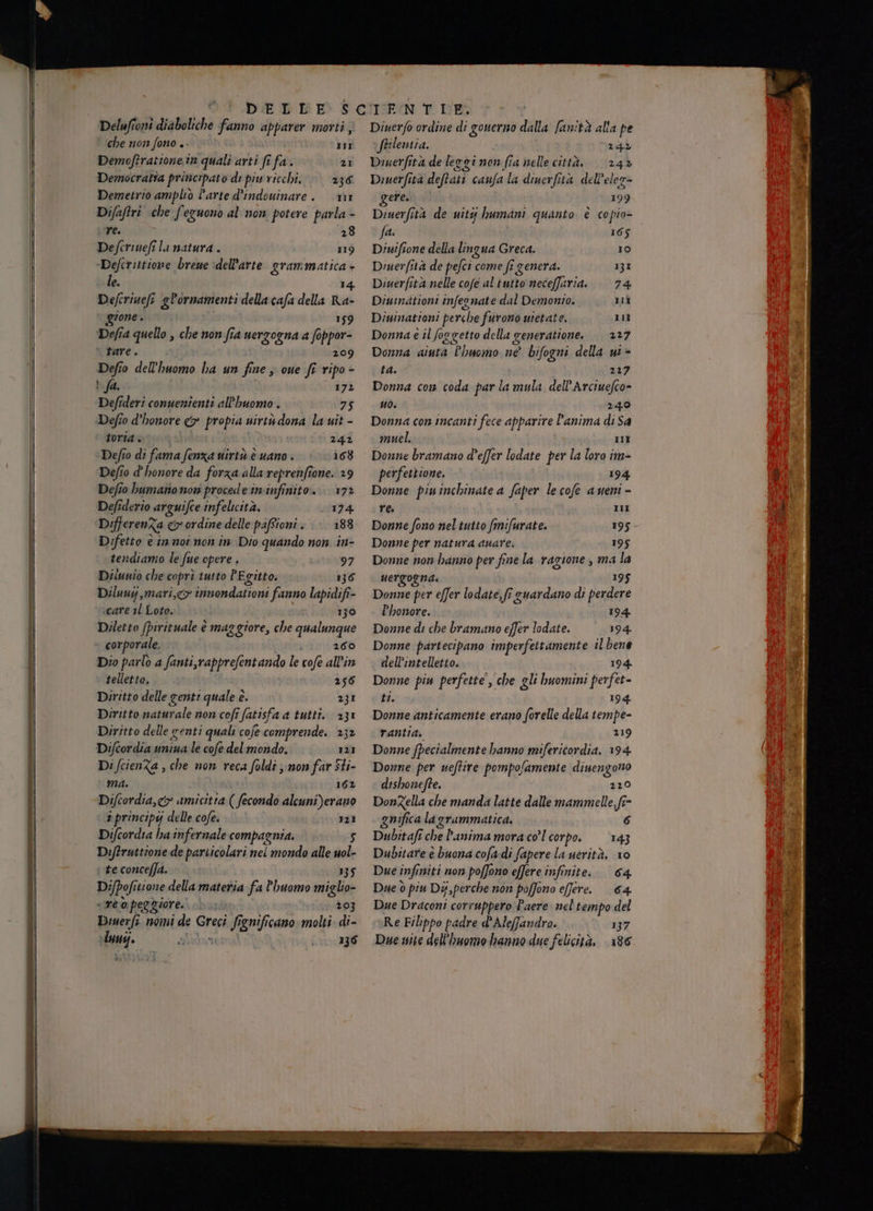 Delufioni diaboliche fanno apparer morti, che non fono .- INI Demoftratione.in quali arti fi fa. 21 Democratia principato di piu ricchi, » 236 Demetrio ampliò Parte d'indowinare. «i Difafiri che feguono al non potere parla - re. Ì 28 Defcrinefi la natura . 119 Defcrittione brene idell'arte grammatica + le. 14 Dejcrinefi glornamenti della cafa della Ra- tone . 159 Defra quello , che non fia uerzogna a foppor- tare. 209 Defio dell'uomo ha un fine ; oue fr ripo- i fa. 172 Defideri conuenienti all'huomo . 75 Defio d'honore 7 propia uirtà dona la uit - toria. \ 242 Defto di fama fenza dirtà e vano . 168 Defio d'honore da forza allareprenfione. 29 Defro bumatto now procede tminfinito. 172 Defiderio arguifce infelicità. 174 DifferenZa o ordine delle paffioni. | 188 Difetto è im noi non in Dio quando non in- tendiamo le fue opere . 97 Diiunio che coprì tutto PEgitto. 136 Diluui,mari,<y innondationi fanno lapidift- ‘care il Loto. 130 Diletto fpirituale è maggiore, che qualunque corporale. i 260 Dio parlo a fanti,rapprefentando le cofe all’in telletto. 256 Diritto delle genti quale è. 231 Diritto naturale non cofî fatisfa a tutti. 231 Diritto delle renti quali cofe comprende. 232 Difcordia uniua le cofe del mondo. 121 Di fcienZa , che non reca foldi ; non far Sti- ma. 162 Difcordia,c» amicitta ( fecondo alcuni)erano 2 principyj delle cofe. 121 Di/cordra ha infernale compagnia. 5 Diftruttione de particolari nei mondo alle uol- : te conceffa. 135 Di/pofitione della materia fa 'huomo miglio- «re opeggiore.. i 203 Dinerfi nomi de Greci fienificano molti. di- lunifo AFRO SIN :;-) Diuerfo ordine di gouerno dalla fanità alla pe frilentia. 243 Diuerfirà de leggi non fia nelle città. ‘14% Diuerfità deftati caufa la dinerfità dell’eler- gere. 199 Diuerfità de uity humani quanto è copio- fa 165 Diuifione della lingua Greca. 10 Dinerfità de pefci come fi genera. 131 Diuerfità nelle cofe altutto neceffaria. 74 Diumationi infegnate dal Demonio. 11% Diwinationi perche furono uetate, 111 Donna e il foggetto della generatione. 227 Donna aiuta lhuomo ne’ bifogni della ui = fa. 227 Donna con coda par la mula dell’Arciuefco- UO. 240 Donna con incanti fece apparire l’anima di Sa muel. III Donne bramano d’effer lodate per la loro im- perfettione. 194. Donne piuinchinate a faper le cofe a ueni - TE» III Donne fono nel tutto fmifurate. 195 - Donne per natura auare. 195 Donne non hanno per fine la ragione , ma la uergogna. 195 Donne per effer lodate,fi guardano di perdere Phonore. 194 Donne di che bramano effer lodate. 194. Donne partecipano imperfettamente il bene dell'intelletto. 194 Donne piu perfette, che gli huomini perfet- 1. 194 Donne anticamente erano forelle della tempe- rantia. 219 Donne fpecialmente hanno mifericordia. 194 Donne per ueftire pompofamente diuengono dishonefte. 220 DonZella che manda latte dalle mammelle, fi= gnifica la grammatica. 6 Dubitafi che Panima mora co’ corpo. ‘143 Dubitare è buona cofadi fapere la uèrità. 10 Due infiniti non poffono effere infinite. © 64 Dae ò piu Dy,perche non poffono effere. 64 Due Draconi corruppero Paere nel tempo del Re Filippo padre d'Aleffandro. 137 Due ssite dell'omomo hanno due felicità. 186