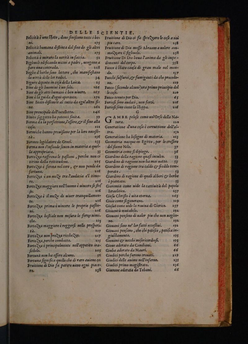 collo. Felicità è uno Stato , doue finifcono tutti i be- Felicità bumana diftinta dal fine de gli altri animali. 175 Felicità è mirare la uerità in faccia. si Figliuoli edificando uicini a padri , uengono a fare dna contrada. 228 Foglie d'herbe fono lettere , che manifeftano la uirtà delle lor radici. 34 Figure dipinte in cofa della Losca. 25 Fine de gli huomini è un folo. 166 Fine degli atti bumani è ben ninere. 167 Fine è la guida d’ogni operante. 172 Fine Beato diffimile al tutto da ogn’altro fi- ne. 26% Fine prencipale dell'intelletto. 146 Finito fog getto ha potenti finita. 59 »cofai 121 Formiche hanno prouifione per la loro necefti- Formeo legislatore de Greci. 233 Forma non Sinfonde fenon.in materia a quel- la appropriata. ; 3} ForteZza raffrena le paffioni , perche non ci tirino dalla rettitudine. 205 ForteZza è ferma nelcore , <&amp;» non pende da fortuna. 216 ForteZza è un meXo tra l’audacia el timo- Te. 216 ForteZza maggiore nell'uomo è sincere fe ftel fo. 216 ForteZza è il meRo di uiuer tranquillamen- te. 215 ForteZza prima uincere le proprie paftio- \ Ml 216 ForteZza beftiale non mifura le forze nimi- che. 215 Forte2za maggiore è reggerfi nelle profperi- ta. 217 ForteZza non preZza riccheZze» 217 ForteZza,perche combatte. 215 ForteZza è principalmente nell'appetito tra- feibile. 205 Fortuna non ha effere alcuno. 56 Fortuna fignifica quello che di raro aniene.92 Fruitione di Dio fa parere uano ogni piace- TE. 258 Fruitione di Dio ci fa [preZzare le cofe a nos Fruitione di Dio moffe Abraama uolere am- maRzare il figliuolo. 258 Fruitione Di Dio lieua l’anima da gli impe - dimenti del corpo. 358 Fuoco è Stato caufa di gran male nel mon- do. 137 Fuochi fulfurei,<y fumiganti da che procedo= n0. 129 Fuoco (fecondo aleuni)era primo principio del le cofe. 120 Fuoco tenuto per Dio. 65 Furioft fono audaci ; non forti. |’ 216 Furiofi fono comela Stoppa. 216 G G AMBE pelofe comeunOrfo della Na- Generatione d'una cofa è corruttione dell’al- tra. 1}% Geometria nacque m Egitto , per lo creffere del fiume Nilo. 37 Geometria come fi dipinge. 36 Giardino della ragione quafî inculto. 3 Giardino di ragione non ha mai notte. — 53 Giardino di ragione tra caldo &amp; freddo tem- perato è 53 Giardino di ragione di quali alberi <&amp; herbe e prantato. 53 Gieremia come wide la cattinità del popolo Israelitico. 257 Giefss Chrifto è uita eterna. 265 Gioie come fi generano. 129 Giofuè come uide la ronina di Gierico. 257 Giouentiò mutabile. 193 Giouani penfono di ualer piu che non maglio» no. 19% Gionani fono ne’ lor fatti eccefiui. 192 Giouani penfano , che chi patifce ; patifca in- giustamente. 195 Giouani 5 uecchi mifericordiofi. 195 Gioue adorato da Candiani. 66 Giuba adorato da Maari. 66 Giudici perche furono trouati. 229 Giudici delle anime nell'inferno. 235 Giudici primo magiftrato. 236 Giunone adorata da Tebani, 66