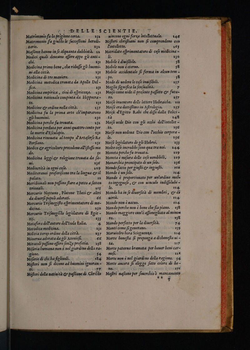 Matrimonio fa giusto le fuccefioni heredi= starie. 232 Maftime hanno in fe Alquanta dubbietà. 22 Medici quali deneano effere appo gli anti - chi. 231 Medicina primo bene ; che riduffe gli huomi- ni alla città. 231 ‘Medicina di tre maniere. 231 Medicina metodica trouata da Apollo Del - ; fico. 231 Medicina rationale compiuta da Hippocra - «te. 231 Medicine &amp; ordine nella città. 237 Medicina fu la prima arte ch’impararono + gli huomini. 230 Medicina perche fu trouata. 232 Medicina perduta per anni quattro cento per .. la morte d’Efculapio. 231 Medicina rinouata altempo d’Artaferfe Re Perfiano. 231 Medico &amp;» agricoltore procedono all’ifteffo mo do. si Medicina leggi &amp; relegione tronata da fa- si. 236 Mediocrità in ogni cofa. 209 Mediteranei proferifcono tra la linzua <> il palato. © 12 Meridionali non poffono fare a petto a fetten trionali. 1 215 Mercurio Nettuno , Plutone Theti &amp;» altri da diuerft popoli adorati. 66 Mercurio Trifmegifto efprimentatore di me- dicina. | 230 Mercurio TrifmegiSto legislatore di Egit - itifa Ni Gia) 233 Metafora dell'autore dell'Isola Eolia. 4 Mertodica medicina.‘ 231 | Militia terzo ordine della città, 237 Minerua adorata da gli ‘Atenieft. 66 Miracoli poffono effere fenZa profetia. 58 Miferia bumana:non è nel ziardino dellara- ‘gione. 54 Mijerie di chi ha figliuoli. 184 Mifteri non fe dicono ad huomini ignoran - -Éla i 77 Mifteri della watinità &amp; paftione di Christo Mifteri chriftiani non fi comprendono con Dintelletto. 265 Mitridate efprimentatore di cofe medicina - li. 230 Mobile e diwifibile. 58 Mobile non è eterno. 58 Mobile accidentale fi ferma in alcun tem - po. 58 Modo di uedere le:cofe ingifsbili. 257 Moglie fignifica la fenfualttà. | 7 Moife come uide il prefente paffato &amp; futu= ro. 257 Moife inuentore delle lettere Hebraiche. mx Moife era dottifSimo in Aftrologia. 257 Moife d'Egitto Rabi che diffe dalla Felici - tà 248 Moife nede Dio con gli occhi dell’intellet - sh0. 256 Moife non uedena Dio con l'occhio corpora - le. 256 Moi/e legislatore de gli Hebret. 233 Molte cofe incredibi dino quatranot. 244 Moneta perche fu trouata. 229 Moneta è mifura delle cofe uendibili, ‘229 Monarchia prencipato di un folo. 236 Mondo fatto per giufti <> ingiufti. 10% Mondo è un folo. . 14 Mondo è proportionato per un’ordine mol= toingegnofo, <&amp;» con winculo indiffolubi - le. i 124 Mondo ha in fe diuerfità di membri, &amp;di PHITTÒ. 124 Mondo non è sacuo. 124 Mondo perche non è bene che fia piano. . 138 Mondo maggiore com'è afomigliato al mince re. 138 Mondo perfetto per la diuerfità. 74. Monti come ft generano. 139 Morwiedro hora Scieguenza. 214. Morte honefta. fi preponza a dishonefta ui - LA» 217 Morte paterna bramata per hauer beni car- nofi. 221 Morte non è nel giardino dellaragione. 54. Morte ancora fi elegge fotto colore di be- Ne. l ro 9° r7I Moftri mafcono per fonerchio Dirac agg Y
