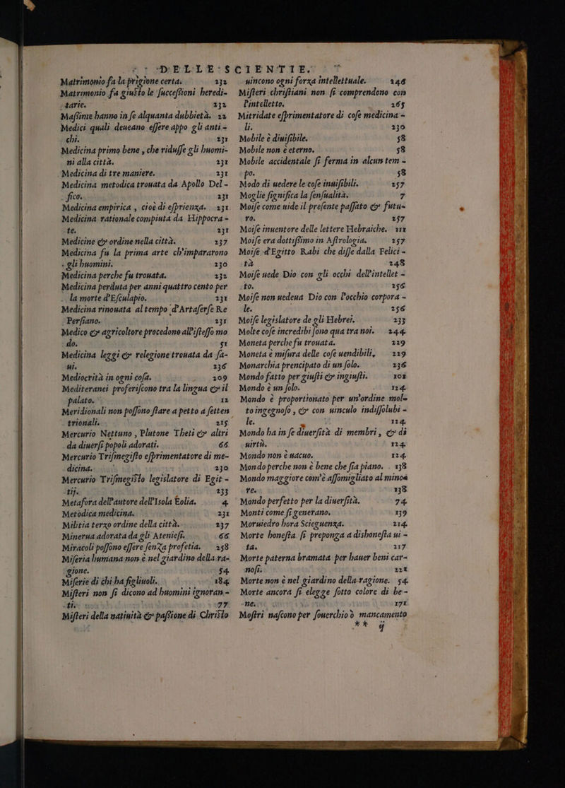 Matrimonio fa giusto le Succefioni heredi- starie. 232 Maftine hanno in fe alquanta dubbietà. 22 Medici quali deucano effere appo gli anti - chi. Medicina primo bene , che riduffe gli huomi- ni alla città. 231 Medicina metodica tronata da Apollo Del - ; fico. 231 Medicina rationale compiuta da Hippocra - te. 231 Medicine &amp; ordine nella città. 237 Medicina fu la prima arte ch’impararono + gli huomini. 230 Medicina perche fu trouata. 232 Medicina perduta per anni quattro cento per .. la morte d’Efculapio. 231 Medicina rinouata altempo d’Artaferfe Re Perfiano. 231 Medico &amp;» agricoltore procedono all’ifteffo mo do. si Medicina lezgi > relegione trouata da fa- si. 236 Mediocrità in ogni cofa. 209 Mediteranei proferifcono tra la linzua <» il palato. 12 Meridionali non poffono fare a petto a fetten trionali. o 215 Mercurio Nettuno , Plutone Theti &amp; altri da diuerfi popoli adorati. 66 Mercurio Trifinegifto efprimentatore di me- dicina. | 230 Mercurio TrifmegiSto legislatore di Egit - «tif. ta '7ree3 Metafora dell'autore dell'Isola Eolia. 4 Metodica medicina. 231 | Militia terzo ordine della città. 237 Minerua adorata da gli ‘Atenieft. 66 Mifteri chriftiani non fr comprendono con Pintelletto. 265 Mitridate efprimentatore di cofe medicina - li. 230 Mobile e diuifibile. 58 Mobile non è eterno. 58 Mobile accidentale fi ferma in alcun tem - po. 58 Modo de uedere le:cofe innifebili. 257 Moglie fignifica la fenfualttà. | 7 Moife come uide il prefente paffato &amp; futu= ro. 257 Moi/e inuentore delle lettere Hebraiche. rx Moife era dottiftimo in Aftrologia. 257 Moife d'Egitto Rabi che diffe dalla Felici - tà 248 Moife uede Dio con gli occhi dell’intellet - to. i 256 Moife non uedena Dio con l'occhio corpora - le. 256 Moi/e legislatore de gli Hebreî. 233 Molte cofe incredibi Fo quatranoi. 244 Moneta perche fu trovata. 219 Moneta è mifura delle cofe uendibili, ‘229 Monarchia prencipato di un folo. 236 Mondo fatto per giufti <> ingiufti. roî Mondo è un folo. dire Mondo è proportionato per un'ordine mol= toingegnofo, <» con winculo indiffolubi - le. 124. Mondo ha in fe diuerfità di membri, &amp;di pirtà. 12% Mondo non è sacuo. 124 Mondo perche non è bene che fra piano. . 138 Mondo maggiore com'è affomigliato alminoa re. 138 Mondo perfetto per la diuerfità. 74. Monti come fr generano. 139 Morswiedro hora Scieguenza. 214. Morte honefta. fî preponza a dishonefta ui - ti. 217 Morte paterna bramata per hauer beni car- nofi. 221 Morte non è nel giardino dellarazione. 54 Morte ancora fi elegge fotto colore di be- “Mmesti + ia 171 Moftri naftono per Sonerchioò mancamento | Y