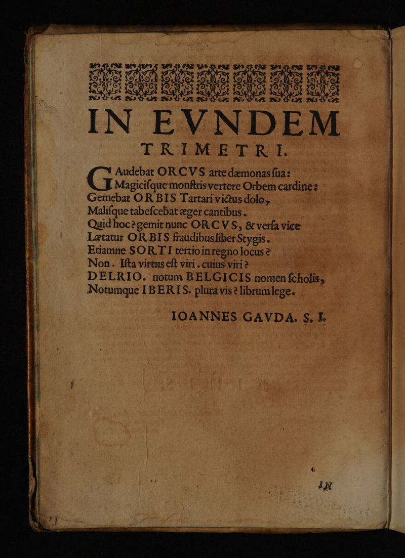 TRIMETRI. ! Audebat OR CV S arte demonas fia: Magicifque monftrisvertere Orbem cardine » Gemebat OR BIS Tartarividusdolo, : Malifque tabefcebat eger cantibus . / Quidhocegemit nunc OR C V S, &amp; verfa vice Latatur OR BIS fraudibusliberStygis. | Etamne SORTI tertioinregno locus? qu Non. Ifta virtus eft viri . cuius viri 2 US MUT DELRIO. notum BELGICIS nomen (cholis IOANNES | GAVDA. S. E