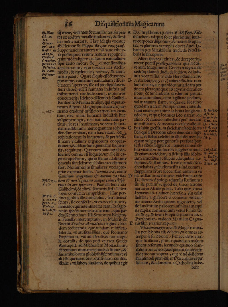 —— ie Geliup rez, volitite$ Gccantllantes,ferpem A. D:Chtryfhom.ro. circa fi. ad Pops, Ar » t dib..0. tesexeodsmmetallofibilantes, &amp; fimi: ^ thiochen. ad quz folet plurimum iuua- : q Gh 4, liamultisnarrata. Hc Magiavocatur recorporeadifpofitio, &amp;cnaturalísagilis ——— n €». Ma. db Herone &amp; Pàppo favue revryix .— — tas, vt plurimis exemplis docét And: Li- . ( ws in Supponendunrautenrnihlhancetlice- — bauiusp.z. Mirabiliuni tract. de INoGta- | ria repoffe quod rerüm nature repugnetz, —bulisin fin.operis.. | lx | £x Hit 7.qumnimoindigerecaufarumrnaturallum: ^ Altera fpecies ludrica , &amp; deceptoria ;- gerbe».er Ópe' certo motus &amp;, | dimenfionibus: .— vocaripoteft prefHieiatrsx:a. qua factüs. - * du N Pelitian. applicatarum , vtin fpeculis 1llis Archi- vtmita Magoruma Grzcis aire GC 770 Tum] T VE. * medis , &amp; hydraulicis noftris, 86 auto» Xufeie;alatinis;ludi, &amp; lüdrica; S ludi- antt a. * qmatis patet. Quare fíquiseffedtuspro-. ^ bria vocata fint; (vide Heraldurmin lib.- dur ponantur; caufarum naturalium effica-. B: 7 Arnobij pag: 51. ) cuiuseffectus non hu citatem fuperans;ille adprodigiofosre- ^^ funt quales;aut qui videnturjad earn per L ferri: debet; etiaíi. humana induftria ad' — tinent pleraque qu ab agyrtis;circulato- Ps inftrumenti: confectionenr, motumve' . ribus, &amp; funambulis creduntur. patrarí BE concurterit. Idcirco diffentioà Guilhel.. ^ incantationibus, cum agilitate pedum, | Parifienfi; Medina &amp;alijs, qui capute- neum: Alberti: Magni(quod narrant)hu- rmáno credunt artificio articulàte locu tum; nec: enim humana indüftria huc: titur, vt res inanimata', vocenr huma- riam;adlibitum interrogantium refpon- dendüm'emittat nam hzc vitam ; ee refpirationemr in loquente; &amp; perfectit- fímanr vitalium: organorum coopera- tionems&amp; difcurfüm quendàm loquen-: tis, requirunr. Quz cum huic capiti: de- fuerint omnia : (iloquebanur, illein ca- pite loquebatur; quiin ftàruis idolorum: oracula fündebat:qui folus cacodiemon: füic. Norunrenim fimulàácra: vocis pro« prie expertia: fuiffe ;« Szmulacra', enm: Gentium argentum: (O aurum zos'ba- P/4U vy. Dent C7 non loquentur, neqne emm e[P [ps- eife — yin da ore ipforum... Fuit illa fententia Guilhelmi;&amp; olimHermetis,fed a Tiieo: rere c pt 3» CoBPYA X. ; MS gii * j à genr. «4. ftatua ; fic confectz .vt exoccültoloco m Kalenr, faniculosquiintenfuserar;remiffo;fagit- 2. 1 dH /f. casi (pectantem eiacularetur , quo pa- Pa. o Kennetlium HlScororum Regem;. Boethi-Scotbie zdnnalibuslegitur : Eo- folettia, vt attificis illius, qui- Romano: Ttuperatori; vitrum ffexile;&amp; non fragi-: Aret.epift. ad Michaelem Monachum ,. ferennium: immaria ponderà fronte, 8c finambulórüm globisinfiftentiim(vt vi di)&amp; qui membra , quaft lutea: confra- &amp;aue » vrilubet; fleturit; de quibus egit vel manüum fiant , vt qux de. Keatino: ! d narrat: Pomponatius :interdü iunt etiam per animalia bruta longo:vfu- Deferipesl--— * edocta, «tque Ioannes Léo:narrar,de Z/^^* E.— | afino, X camelorinterdum:per meram A : E impoftutam, &amp; meatas occultosaliqui*. D.- Hier. L 1 Beli qui 3 Dtacone cibosdeuorarifinge 7, ^44 *s bant, vt fiebatcelebti inillàfolismenías 5; | quam vulgus peregrinorü putabat fpon: te faa cibosfügzereré', rcuera tamen ci- bià vicinz vrbis incolis fuggerebantur .: Zofep s.l. M Et etiam accidebat; in fichujs illis idolo- !8- 477. c. | rum amoribus acftupris, de quibus Io- 27 dca ! fephüss, &amp;: Rufinus. Iter quando Bat- Eccle. 2; chochabas, píeudomeffias: Iudzorutir ; ftuppulam itrore fuccenfam anhelitu vé D.Hieroti Apolog. aduetfüs Rufinum z fimile putarim .quod.de Caco latrone narrátin-Alcide poeta. T'alia qiix vocat. Irenzus lib. 1.aduer.hazref.c.4. Araxilai lüdtica, v; g. facere vt conutuz. videan- tür habere Aethiopicuns nigrorem ,; vel defunctorum pallorem afinihna atitequi na capita; comrmmenturti vetus Pliniolib. 28.8 55. &amp; fexto Empiricónotum lib. ;. Pyrrlioniar.- vt docet Marfilius Cagna- | | T baumatutgica;st &amp; Magia natura- lis; per fc bona eft; &amp; licità,vt otines at tes pet fe funtbonz .. Per accidetis vtra- que fit illicita, primo quando in malum: finem referunt ; (ecundo: quando fcan- dàlumotritur;eo quodputent ur ixec fie- ridegmonürmropera , quaréné deberent Tiniafmodi permitti ni fi'Circulatores pu- | blicum, &amp;1doneum a Catholicis babe- rent