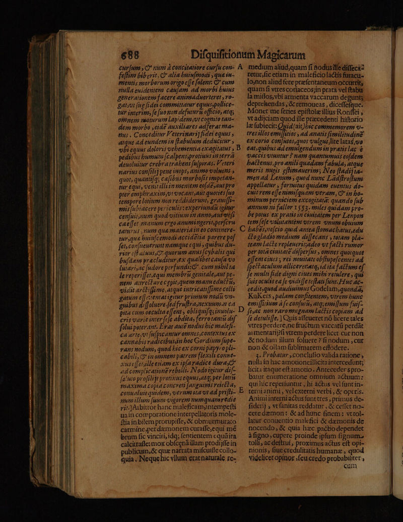 688 feflina biberit, b alia buiu[mmodi ,qua in- enentis ngorborum ortgo e[]e [olent: C cum nulla euidentema cau[am. ad morbi buius geterationeno f acere animaduerteret , vo- gatyut (ae fides committam equusspollice- t4Y sptervm fe [uo non defuturn officio, atq; 0f nens meoturum lapidemyut cognito tan- dem morbo ,eide auxtliares adferat ma- tus . Conceditur Veterinari] frdei equus ; atque ad eundem in (Tabulum deducitur ; - pedibus bumut [calpenssprotiuns in terra deuoluitur crebratrabens fu|piras. Veters narius con[tlij pene isops, animo volens» quot, quanti[q; ca[ibus mor bofís impetan- tur equi, venitilliin mentem co[desaut pro pter emplhraxim;vtvecant,ant quoties [uo tempore lotium uon veddiderunt, grau[[v- mis (ubiacere periculis sexperiundu toitur cen[uit,num quod-vitium 1 annoyaut e [s cae[[et tin anum evgoanumingerit;per[cvu paticus , num qua maleria in eo contimere- turqua buiu[cemods accidetia parere pof ft^ Qi gordo namque equi » quibus du- rior c/Í aluns C2: quorum ans [cybalis qui bu[Aam pracludttur;ex qualibetcau(a vo Iutari,ac [adore perfundi cum nibil ta leveperi[fet.equi membru gemtale;aut pe- nem auretlare cepit quem mann eduttus vidit ar&amp;iffime, atque intricati[fime colli gatum e [[J etentatigitur primum nodu vn- quibus difJolueve fed fruftrasnexuum-n ca pita cum osculta e[fent , obliquifqs inuolu- cris varie inter fe[e abditay ferrotantu dif folui poterant. Erat aute nodus bic malefa- ca arte,vt [u[picantur omnes,contextus ex canuabis radicibussn boc Gordium [upe- vans nodum, quod bic ex corni papyro pli- xustffetslleetiam ex ip[aradice dura ed complicatione rebellt. Nodoteitur di[- fa!uto pro[iligt protinus equus,atqy pev lot pyaxitmia copia concreti [anguints veie£1a; conualuit quidem, verum stat ad prifti- mun illum (uum vigorem numquamredie rit.]Aibittor hanc malefica tnyintempefti uain comporationeinterpellaroris mole- ftia inbilem prorupifle, &amp; obmurmurato carmine;per damonem curaffe;equi mé brum fic vinciri,idq; fentientem cquüira calcitrafle: mox obfcepaillam prodijffe in publicum, &amp; qua narrata mifcuife collo- quia , INeque hic vllum eratnaturale re- retut;fic etiam in maleficio lactis furacu- lo;non aliud fere prefentaneum occurtit; quam fi vtres cotlaceos;in prata vel ftabu la mi(los,vbi armenta vaccarum degunt; deprehendas , &amp; remoueas , diceffefque. Monet me feries epiftola illius Ronffei ; vt adijciam quodille precedenti hiftorio Iz fubiecit: Quia (ait)bsc commemorem v- tressllos emilfitios , ad anatis [imilitudine €x corio con[ntos,quos uuleus lite latas;vo eat,quibus ad emulgendum sn ratis lac. e vaccis utuntur ? nam quantumuis eofdem batkenus;pro anili quadam fabula, atque emeris tiuots e[limauerim; INeo [ladijta- menad Lenum ,quod nunc Ladftrojlum appellatur , fortuttus quidam euentus do- cuit ver e(fe nimi[quam veram in bo- minum perniciem excoettata: quando [ub anm ni fallor 1555.umnles quidam pro- be potus ex pratis in ciuitatem per Lenpon tem fe[e uolutanté»a virem vnum obuium &amp;ogladio medium di[[ecans y totam pla- team lacte repleuerityadeo vt fatti rumor per tota ciuitate ds[per[us , omnes quotquot e[[ent cites , rei nouitate ob[lupe[centes ad fe »eulti fide dieni ciues mibi vetuleve , qui [uisoculss ea [e vias[]e d fnnt. FHiuc ac- ee dit.quod audiutinus Godelam,quonda, KuKers ; palam confitentem, vtrem bunc emiffiauu à fecon[uru, atq, emil[Tum fuif- feéi€ non raromzagnasm lactis copiam Ad fe detulí[[e, ] uis atfeueret nó licere tales vtresperdere,ne fructum vaccatü perdat aimmentarij/fi vtrem petderelicet cur non &amp; nodum illum foluete ?fi nodum , cür non &amp; ollam füblimarem effodere. tiulla ia hac amotioneillicita intercedunt; licita itaque eftamotio. Antecederspro- batur enumeratione omnium actaeum: qui hic reperiuntur , hi actus vcl íuntin- terni animl , velexterni vetbi , &amp; opcris. Animi interni actus funt ttes ; primus de- fideri) , vt fanitas reddatur , &amp; ceffct no- cere demon : &amp; ad hunc finem: vttol- latur conuentio malefici &amp; daemonis de nocendo, &amp; quia hzc pactio dependet à figno, cupere proiade ipfum fignum; tolli, ac deftrui , proximus actus eft opi- nionis ; fiue credulitatis humana , quod videlicet opinor :feucredo probabiliter , cum mcepro ED a