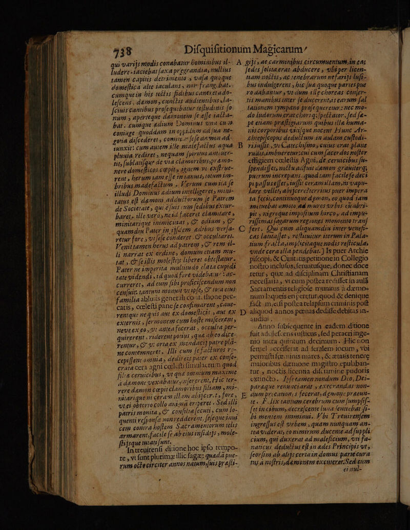 ludere «iaciebat [axa pr'earandias millius tamen capitis detrimento » vaa quaque dome[lica alte 3aculans , aor frang.bat. cumqueim bis tectis fidibus cantyetado- le[cens , damon , cundis audientibus .la- fcinis cantibus profequebatar te[Hudunis fo num , aperteque darzoneim [e e|Je iatda- bat . cumque aedium Domiuus una cus coniage quoddam in opytdnm «d [ua ne- gotia dijcedevet , comu s? fcfe dn. moa ad- sunxit: cum autem 3!le male] attus aqua luaia rediret , nequam [prius Anteuge- tit [ablati[que de via cla paoribus.pr&amp;mo- neve dome[ficos c pits dencm. vi exfIrue- vent , berum am e[|e sm vanus, totum 1m - bribussmadefattum .. Verum cuna ft illudi Dominus sdium intelligeret » navae- tatus efl daemon adduttorum je Pairem de Societate , qui £[uis i [edibus Extur- baret» ille veros nesd f aceret clamare , minitarique tntmicitas ,(Q. QdMum » e vetur fore »vt[eje conderet C oceultarei. V.uittamen berus ad patreaa Q7 vem i- li narrat ex ordine, domum cttam mmu- tat , C feillis mole[ls liberet obte[Latur . Pater ne imperita moulumudo elata cupidi tate videndi , 1d quoa fore viaebau ^* Ac curreret, ad eum [ibi yrofict[cendum non cen[uit. tantum nonum vi spfes C9 tora eis: familia abluis generali cont. tione pec- catis , ccelefti pane fe confimarent caue- ventque ne quis aut ex dome[licts aut £x externis » [ermouem cum bojle mijcex£at y Wt'UE ex €o t autea fecerat ; occulta per- quirerent , viderent potius ,qua ab ea dict- veautur ,(7 qt orta ex mendaci] patre pla- me contemneret. Illi cum [e] atburos v«- cepi [Jem ournia » dedit ext pater. ex confe- crata cera agni ceelefü (imalacrum quod filia ceruicibus y Ut qua omnium maxime a d&amp;mone gexabaur y ujerorent, Ew tero reve demon cobpit clamoribus filiam ,mi- nitarique m ceram illam abi]Ctr.t» fore , utei obterto collo ausa eriperet « Sed illi patris monita , C confilia f €CHtt y CHO lo- quenti ve[pon[a son vedderent, [efequeznut cem contra bo[flera Sacrameniorum telis armarentfacile fe ab eius in[ids]s y mole- fhijsque itat [unt. : ^ Intreuirenfi ditione hoc ipfo tempo- re , vt funt plurimae illic faga: quada pue- ri [cdes [olita.erat abducere , ubt per licen- am ao£ltsyac tenebrarum ne vds js lufi- bus indulgerent , bic [ua quoque partes pue ro dabantur ,Ut dum ilg cboreas con]er- tis manibus utter feducerentyis cavum. fal do luderum eratchertqslpeétator., fed [&amp;- pe euam praflieiarum quibus illa buma- qs corporiéus y1a/que nocent Hunc adr cbtepilcopus deductum 4n aulam cu[lodi- viiu[ftt. vi Catechbifimos euius erat plaut vudisAmbnereturcui cum [acerdos no]ler effigiem ca:lettis Agni, de ceruicibus fn- fpenaifJet; noctu adf utt demon arauiterq, puerum increpans quod tam f acilefe decs pipe[fuseffet su]fit ceramilamym vapu- dare vellet; abijcere?territus puer impera ta fecit. continuoque demon, eo quod jam anctuebat asoto ad muros vrbis cuabyi- pit» nigroque impoftium birco , ad impu viffimas [agavrum regiongs vonzento tranf cas latua[[et » velluuuur iterum in Pala- tium frACLamplicitaque nodis ve[Hculas vade ceraalla pendebat.) Is puer Atchie pifcopi, &amp; Cuutatispetitionein Collegio noftro inclufus, feruatufque; donec doce retur, qux ad diíciplinam Chriftianam nece(faia ,:vr.cum poftea rediffet in aulá Sacramentisreligiofe munitus à.d:xmo- num laqueis enperctur.quod &amp; denique fFa&amp; meii poftca rclapfum criminis pot£ aliquod annos paenas deditfe debitas in- audiul. Anno fabíequente in eadem ditione fuit adolefcensiufticus ,fed peracriinge- nio intta quinrum decimum. Hic oon femel sccetferat ad feralem jocum , vbi permifti faeiinis mares. &amp; etagstenere maioribus dzzmone magilftro epulaban- tur., noctis licentia difcrimine pudoris extincto. Zpfetamen nondum Dco, Det- paraque venuaciarat y execrandas uon- dum yrccauon, s feceraty d emoue preeun- te. Fix taatum cerebrum cum [umpfr[- ftt in cibum» decre[cente luaa feutwebat fi- bi mentem vusraiaut, V bi T veuirenfem inare[[us elt urbem, quam nunquam an- teaviderat, eo nimirum ducente ad fuppls cium; qui duxerat ad saaleficium , vti fa- naticus dedutius efl in «des Principss vt , t5 à no flris.d4meonem eccuteret.Sed eum €t aghi-