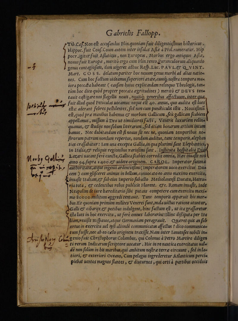 P ,».» b^n ^ pror pu) ef Merl ades d D ; ERONNER EE TN EE OE IEEE io MRONRETER hp Ert | G abriclis Fallopp. Tib.Cef Non eft accufandus Plin.quoniam fuit diligentisffius bistoricus . Hippoc. fuit Couf. Coum autem inter infulas fle à Ptol.numeratur. Hip genus contagiofim, dum uigeret adbuc Refb.Luc. P AV L.&amp;* Q, VINT. Mart. COS S. delatumpariter boc nouum genus morbi ad. alias natioc- nes. Cum boc factum uideamus fuperiori etate,cumi; noflra tempora mas iora peccáta babeant ( caufam buius explicandam velinquo 'T beologis, tane tüm boc dico quód propter peccata egritudines ) meritó 9 DEVS tene tauit cafligarenos flagellis nouis , nouisq; generibus affectuum, inter fuit illud quod Peticulas uocamus: neque e$t 4o. ants, quo audita. eft lues ifta: aderant. febres pestilentes, fed non cum puncticulis itis . Nouisfimi cftquod pre manibus babemus c? morbum Gallicum ,feu gallicam fcabiera appellamus , mi[Jun à Deo ut timidiores fatti , Veneris luxuriem veline quamus, «9 Skudijs non folum literarum , fed etiam bonarum artium incum bamus. Nec dubitandum est fl nouus fit nec ne, quoniam temporibus os firorum patrum nondum repertus, nondum auditus, tunc temporis,elepban tias cra]Jabatur : Yam una excepta Gallia,in qua plurimi funt Elephantict, 1n Italiae? reliquis regionibus varisfimi funt .. Anflituta italiá Di i Lazari uacant fere cuncta Gallica fcabies corrodit omnia, Hec inuajft nos cem ) cum glifceret animus in bellum,conuocato eo anno maximo exercitit, inuafit Ytaliam,ev fub eius Vmperio fubacto Mediolanen[i Ducatu, Hetrus viatota , «7 cedentibus rebus publicis Florent. exc. Romam inuafit, Inde Neapolim de iure bereditario fibi putans. competere cum exercitu maxis mo 80ooodtülitum «geredi tentauit. Tunc. temporis apparuit bic more bus.Et quoniam primum milites Venerei funt mala uictus ratione utuntur, lc alli e' cibarijs.e2 potibus indulgent, binc factum eft , ut ita graJaretue ifla lues in boc exercitu , ut fere omnes. laborarint:YVlinc difsipata per Yta liam;reuifit Wifbanos,atque Germaniam peragrauit. —Comeret quis an fub ortus in exercitu ucl rpfi aliunde communicatus affectus ? dico communicae / tum fufe;nec ab eo celo originem traxi[fe. Nam inter Yanuenfes nobili ine P   LI 1 4 1 * * 45 2. h j [ TP Ls geniofuit Cbriflophorus Columbus, qui-Colonus 4 Petro Martire diligen i X z tirerum Indicarum fcriptore uocatur . Hic in ve nautica exercitatus uale wt de non folum in bis maribusqui ambitum noftre terre circuunt , fed inlae tiori, €? exteriori Oceano, Cum pelagus ingrederetur Atlanticum percie piebat uentos magnos flantes , €z diuturnos ; qui orti à. partibus occiduis