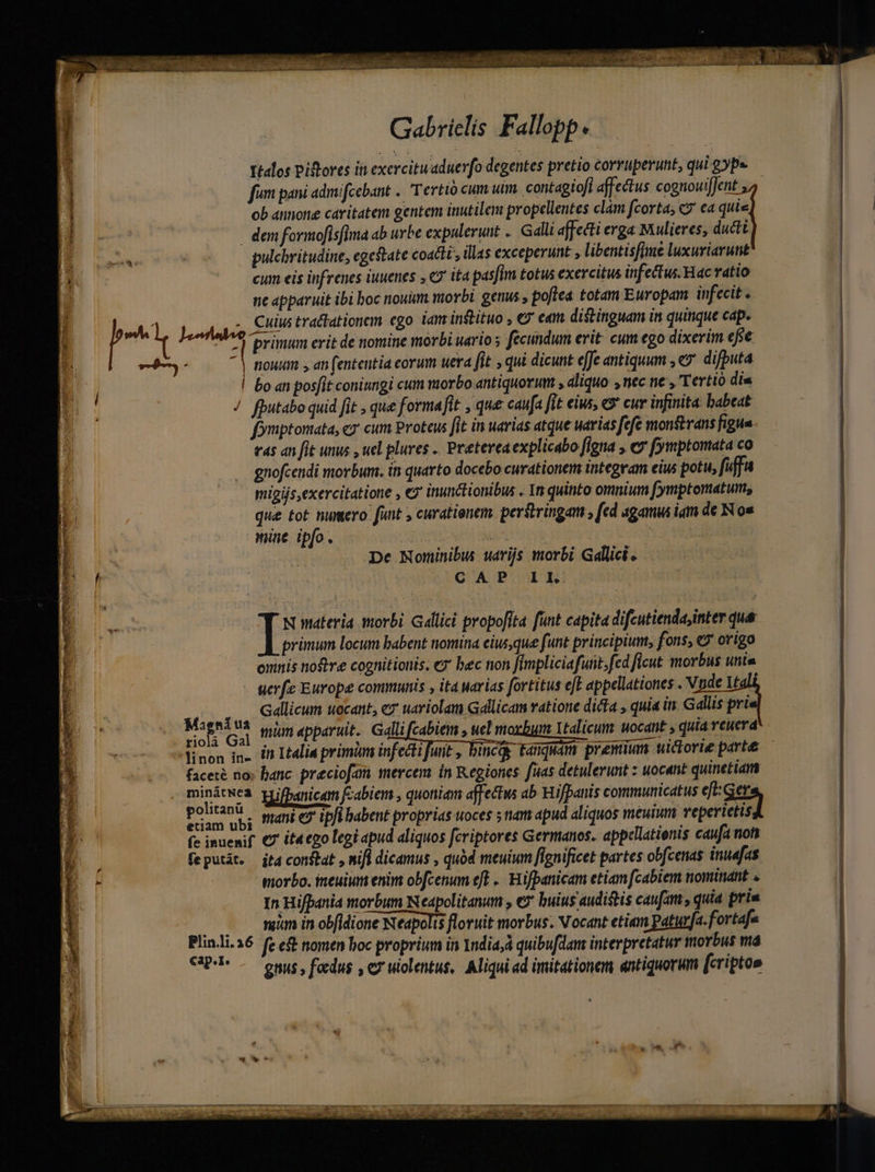 suni tette le Spes PR : [3 ee » F: E : EMT SLI o Gabrielis Fallopp. | fim pani admifcebant .. Tertio cum uim. contagiofi affectus cognouifJent. ob annone caritatem gentem inutilem propellentes clám fcorta, c? ea quie dem formofisfima ab urbe expuleruit .. Galu affecti erga Mulieres, ductt pulchritudine, egestate coactc., illas exceperunt libentisfime luxuriarutit cum eis infrenes iuuenes eo ita pasfim totus exercitus infectus. Hac ratio nc apparuit ibi boc nouum morbi genus , poftea totam Europam: infecit. b. ide Cuius trackationem ego. iam instituo , € eam distinguam in quinque cap. ^9 primum erit de nomine morbi uario ; fecundum erit: cum ego dixerim efse riouum » an (fententia corum uera fit , qui dicunt e[Je antiquum , 5 difbuta | bo an posfit coniungi cum morbo antiquorum , aliquo nec ne , Tertio dis / fbutabo quid fit , que formafit , que caufa fit eius «9 cur infinita: babeat fpymptomata, ey cum Proteus fit in uarias atque uarias fefe monstrans figua r«s an fit unus , uel plures . Pretereaexplicabo figna , ev fymptomata co gnofcendi morbum. ín quarto docebo curationem integram eius potu, fiffa migijs,exercitatione , e? inunctionibus . 1 quinto omnium (ymptortatum, que tot numero funt , curatienem. per&amp;ringam , [ed agamus iam de N os mine ipfo. - De Nominibus uarijs morbi Gallici. CAP IL I N materia morbi Gallici propofita funt capita difcutienda,inter qua primum locum babent tiomina eiusque funt principium, fons, € origo omnis nore cognitionis, e bec non f[mpliciafutit; fed ficut morbus unta uerfe Europe communis , ita uarias fortitus e[E appellationes . Vnde 1tali Gallicum uocant, cx uariolam Gdllicam ratione dicta , quia in Gallis prü Magni tà eio ebbaruit. G digsim uo mium dium Wocanit , quia veuera riolà Gal linon in- p apes faceté no: banc. preciofan mercem in Kegiones fuas detulerunt : uocant quinetiam noe à VLifbanicam fzabiem , quoniam affectus ab Hifpanis communicatus eft: Gv Pam ub; ani eZ ipfi babent proprias woces y nam apud aliquos meuium veperietis (c inuewif €7 it4ego legi apud aliquos fcriptores Germanos. appellatienis caufa noti feputát. itd constat , nifl dicamus , quód meuiwm fignificet partes obfcenas inuefas morbo. ineuium enim obfcenum efl .. uifpanicam etiam fcabiem nominant « In Hifpania morbum Neapolitanum y €x buius audistis caufam , quia priu . . mim in obfidione Neapolis floruit morbus. NVocant etiam paturfa.fortafe Plinli.a6 fee nomen boc proprium in 1ndia,à quibufdam interpretatur morbus má CPUS S gnus, fedus , e ulolentus, Aliqui ad imitationem antiquorum fcriptos