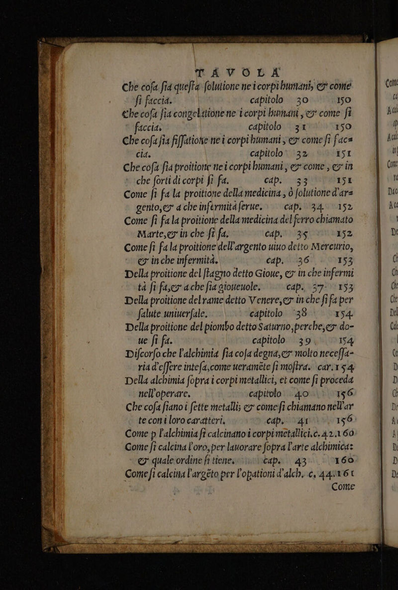 E SEIN REINA n LORDI n so, | VAVOUOLE | Che cofa fia queffa (olutione ne i corpi bumani o come fi faccia. capitolo 30 150 the cofa fia congelitione ne i corpi humani , x come fi faccia. capitolo 31 150 Che cofa fia fiffatione nei corpihumani e come fi faca cia. capitolo» 32 I5I Che cofa fia proitione nei corpihumani, ex:come , ein che forti di corpi fi fa. CAP. 33 151 Come fi fa la proitione della medicina , ò folutione d'ar= gento,ey a che infermità ferue.. | cap. 34 152 Come fi fa la proitione della medicina del ferro chiamato Marte,ey in che fi fa. cap. 35 152 Come fi fa la proitione dell'argento uiuo detto Mercurio, ey inche infermità. cap. 36 153 Della proitione del (tagno detto Gioue, ey in che infermi tà fi fa, ache fia gioueuole. cap. 397-153 Della proitione delrame detto Venere,cr inche fi fa per falute univerfale. capitolo ‘38 154 Della proitione del piombo detto Saturno, perche,es do- ue fi fa. capitolo 39 154 Difcorfoche l'alchimia fia cofa degna,c&amp; molto neceffa- ria d’effere intefa,come ueramete fi moftra. cari154 Della alchimia fopra i corpi metallici, et come fi proceda 7 quale ordine fi tiene. capi 43 160 Comefi calcitta l'argéto per l'opationi d'alch, c, 444161 Come