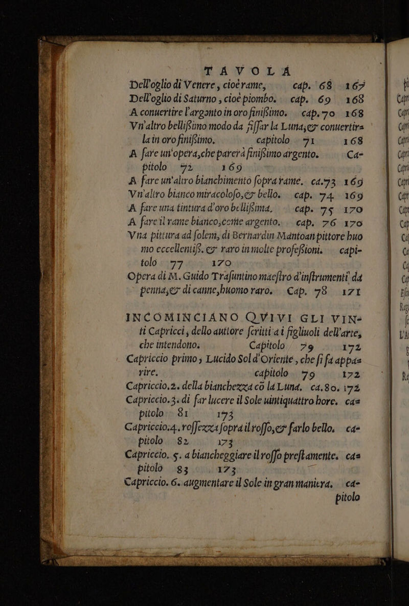 Dell’oglio di Venere, cioé rame, cap. 68 165 Dell’oglio di Saturno ; cioe piombo. cap. 69 168 A conuertire l'argontoinorofinifimo. cap. 70 168 Vn'altro bellifimo modo da fiffar la Luna;es conuertira laîn oro finifsimo. capitolo . 51 168 A fare un'opera,che parer finiffimo argento. Ca pitolo binaria diég A fare un'altro bianchimento fopratame.. ca.93 169 Vmaliro bianco miracolofo,ey bello. cap. 74 169 A fare unatinturad'orobellifima. cap. 75 170 A farc'ilrame biarico,cortte argento... cap. 76 170 Vna pittura ad foleim, di Berhardin Mantoan pittore huo INCOMINCIANO QVIVI GLI VIN: ti Capricci; dello auttore fcritti'ai figliuoli dell’arte, che intendono. Capitolo, #9 172 Capriccio primo s Lucido Sold'Oriente , che fi fa appa= rire. «capitolo. 79 172 Capriccio.2. della bianchezza co lA Luna. ca.80. 172 Capriccio.3: di far lucere il Sole uintiquattro bore. ca= pitolo:» 31 1993 Capriccio.4.roffezzafoprailroffo,er farlo bello, ca- pitolo. 82 173 | Capriccio, 5. 4 biancheggiare ilroffo preftamente. cas pitolo 83 173 ti Capriccio. 6. augmentare il Sole ingranmaniera, ca- pitolo