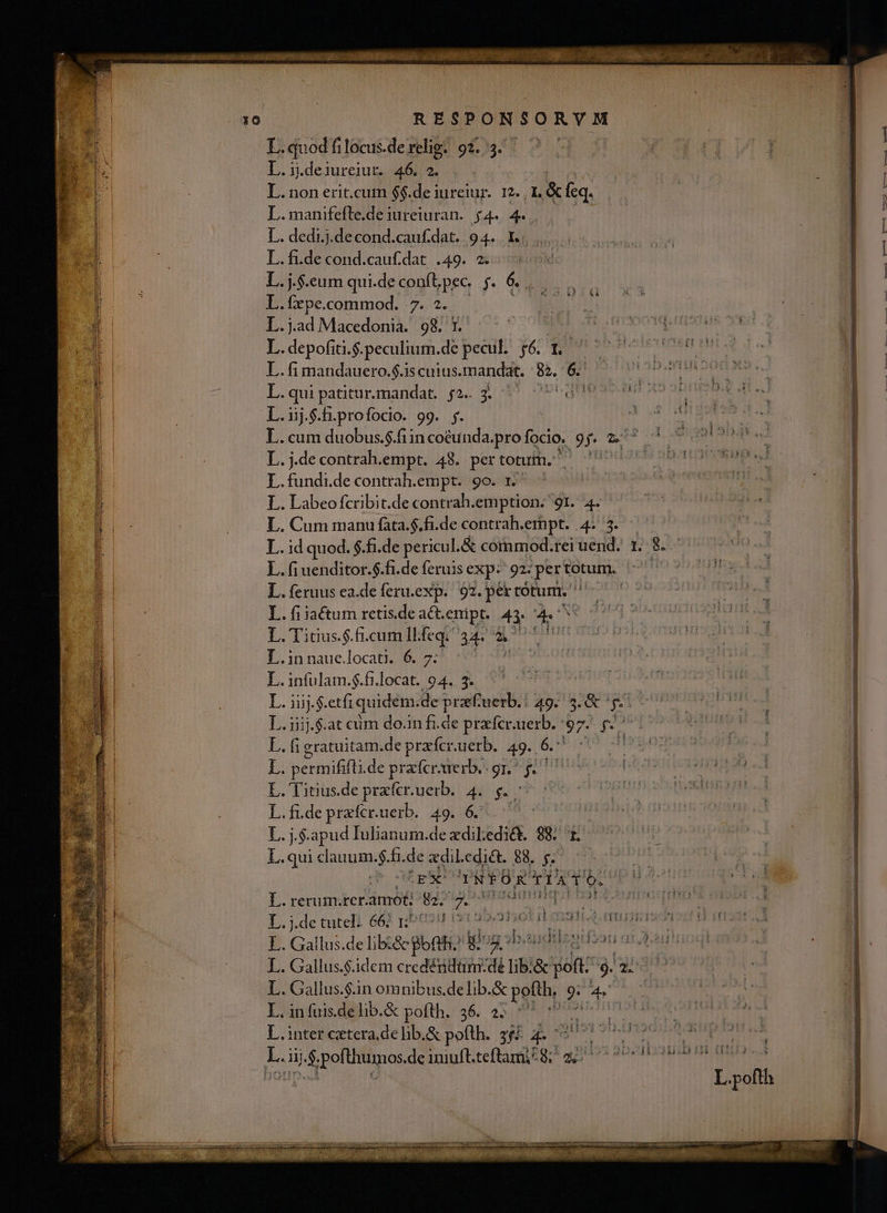 L.quod fitocus.de relig. 92. 3. L. non erit.cum $$.de iureiur. 12. 1. &amp; feq. L.manifefle.de iureiuran.. $4. 4. L.j.$.eum qui.de conft. pee 6. L.fxpe.commod. 7. 2. L. depofiti.$. Siculi. de pecul. $6. 1. L.fi mandauero.$.is cuius. mandat. 82. 6. L. qui patitur. mandat. $2. 3. Pan L.1j.$.h.profocio. 99. ;. L. cum duobus.$.fiin coéunda. profocio. 9g. z^ L.j.decontrah.empt. 43. pertotui. ^ L.fundidecontrah.empt. 9o. 1. ^ L. Labeofcribit.de contrah.emption. 91. 4. L. Cum manu fata.$.fi.de contrah.ernpt. 47. 5. L. fi uenditor.$.fi.de feruis exp: 92. psrtunum ' L.(eruus ea.de feru.exp.. 92. pet totum. | L. fi iactum retis.de a&amp;t. enipt. 43. 4e Ld Titius.$.fi.cumll. feqi34. 2 07 T.innaue.locati. 6. 7: L.iij. .$.etfi quidem. de bn od 49: 3. &amp; y. L.iiij.$.at cim do.in fi.de przfcr.uerb. 57: £22 L. fi gratuitam.de pradfcr.uerb. 39 6.: i p permififti.de prafcr.uerb.. gr^ y. E. Titius.de przícr.uerb.. 4. $./ L.fi.de praícr.uerb.. 49. 6. L.j.$. apud Iubanum.dezdibedi&amp;. 88. 1. L.qui dauum. i$. fi. de «dil.edi&amp;t. 88. s.  E pSE TNTORTIATO. L. rerum.rcr.amot: 8. | d METER RT L.j.de tuteli. 663 1/020 191 9533 ilt vi X um i L. Gallus.$.idem credéridünm:dé lib &amp; jdn: $. 2: L. Gallus.$.in omnibus.de lib.&amp; pofth, Junta L. in fuis.delib.&amp; pofth. 36. 25 7 (97^ L.inter ctera.delib.&amp; pofth. 5$ 4. 75777 ——— Ns smtp ra Gana s eon FTH -— Hi L.pofth