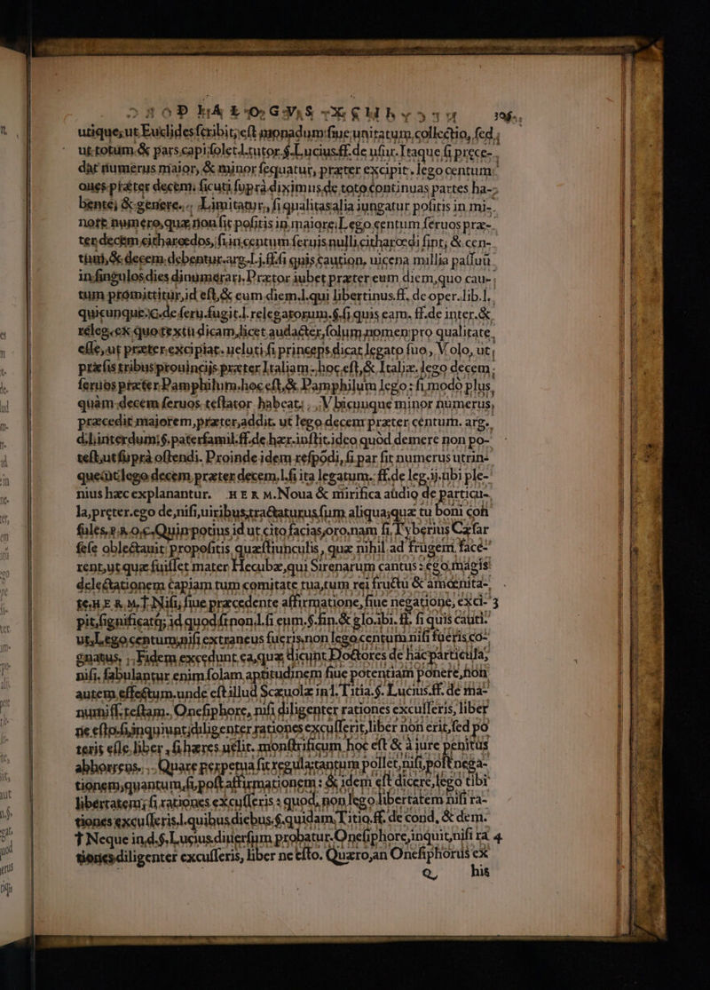 dar numerus niaior, &amp; minor fequatur, prater excipit i lego centum bentej &amp; genere... Limitatur, fi gnalitasalia iungatur pofitis in mi-. tum prórittitürid efl,&amp; cum diem.l.qui libertinus.ff, de oper.lib.l. quicunqueo-de feru.fugit.l. relegatogum.$.6i quis earn. ff.de inter.&amp; releg.ex quotexti dicam,licet auda&amp;ter,folum;omen:pro qualitate, elle,ut przterexcipiat- ueluti fi princeps dicat legato fuo, V olo, ut, prifis tribusprouincijs prxter Italiam: hoc.eft,&amp; Italix. lego decem: ferüos ptter.Pamplilum.hoc cft, &amp; Pamphilum lego; fi modo plus, praecedit majorem ,prater,addit. ut lego decenr prater céntum. arg. d.ljiriterdumi$.paterfamil.ff.de har.inflit.idco quód demere non po- tefL;utfüprà oftendi. Proinde idem refpodi, fi par fit numerus utrin: queiitlego decem prater decem,l.fi ita legatum. ff.de leg.3.nbi ple-' niushzcexplanantur. HE &amp; Mw.Noua &amp; niirifica aüdio de partiai- la,preter.ego de;nifi uiribussra&amp;aturusfum aliqua;quz tu boni coh füles2 0c Quinpotius id ut cito faciasoro.nam fi T'yberius Czfar fe(e oble&amp;auit propofitis quafliunculis , qua nihil ad frugent face rent,ut quz fuiflet mater Hecubzqui Sirenarum cantus : 0, tmagis dclectationem capiam tum comitate tua,tum rei fructu &amp; amaenita-, E6315 &amp;. MT Nifü fiue precedente affirmatone, fiue negatione, exci- pit.fignificatàs id quod ftnon.l.fi eum.$.fin.&amp; £1o.ibi. fi. fi quis cauti: ut.Legocentum;nifi extraneus fuerisnonIcgocentum nifi foerisco- $natus, ;; Fidem execdunt ca, qua lieunr Dottores de hác partial; nifi. fabulantur enimfolam aptitudinem fiue potentiam ponere,non autem effeétum.unde eftillud Sczuolz in1. l'itia.$. Lucius.ff. dé ma- numiff:teftam. Oncfiphore, nifi diligenter rationes exculferis, liber rie efto-nquiuntidiligenter rationes excullerit,liber noi erit,fed po à teris e(le. liber , fi hares.uclit. monftrificum hoc eft &amp; à jure penitus *À abborreos. ,- Quare perperua fic regulatangum pollet, nifi poftnega- tionem;quantum,fipoftaffimarionem : &amp; idem eft dicere, lego tibi libérratem; fi rationes excufferis : quod, non lego libertatem nifi ra- tiones excullerisl.quibusdiebus.f.quidam, itio f de cond, &amp; dem. Q, his Ao» PE C P E