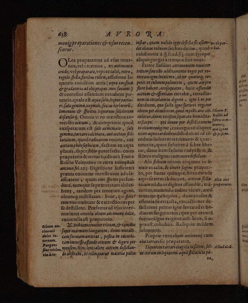 . mouiopraparationes ey vfusrecen.. femur. ^ Cy preparantur ad víus inter- nos,velcxcernos ,. ex antimonio: ertdo; v el preparato, vtpote calce, vitro y; regnlo ftella floribus vtbris, affafione li- quoris cuiufdam acris (aque cauffice: e» gradatoria ad olei prapaz - mon: faciunt.) &amp; corrofiui effentiam extrahere po- tentis,quale.eft agua falis.liquer tarta-. ri. falis eum oxymtli, fuccus berberorii , limonum. c fpiritus liquorum folidorum. defcen[org; Omnia vcro meuftruaan- tecellit acetum. ; &amp; cumprimis quod exafperatum eft falearmemaco y. fale qemma,tartaro calcinatos aut acetum jtil- laticitum, quod radicatum vocant , aut aceti pbilofopbicum , factam ex: aqua pluuia, fuper fiio putrefacta, cuius. praparatio &amp; virtus traditurà Eratie: Bafilio Valentino in curru triumphali antino.fol.223. Digeftione fufficienti prauia euocatur men(truum adole- Ofiratem $: quam vini fpiritu peitfun- dant, curaque fzpe tmutatamabftra- hunt, tandem per retortam agunt, oleumq; re&amp;tificant.: Sunt, qvi fpiri? tum vini omittant &amp; extractionesper fe deftillent. Ptzferturad vfusintrer- nosinteromnia oleum antimoni dulte;. cuius taliseft praeparatio. ohum an-. dE Stibiumtentütertritum, e» tamdiu: simonii — -füper marmore louigatum:, donecanetalli dulce in-.— cag formam amittat. ,. poftea. in cucumbi- Brmm. — v 9mimmi(foaffunde acetum. e digere per: ; Ans à 3 | ; faa pioles, ener. Hinc leni calore acetum deflillan-- tiaare- — doab(irabe yt relinquatur materia pultis: det oleum vubeum [accharo dulcius ; quod 1:6. jl exhibeatur à 7..ad 2 j, cum fyrupo | aliquo purgat àremotis fine noxa. . | | Frater Bafilius antimonitim tenuiter. tritum fint vllo additamento vrget per ve- | tortamigne Iuculento:,idter quaterg, re. EL petit. vt zubeum puluerem, quem alg pro 4n flove habent ; con[equatur , huic affundit pts acetum c effentiam extrahit. , extraclio- — ini nem in árculatorio digerit ,. igne l.i per. I diesdecem, quo facto igne fortiori vrgetur: li. oleum per alembicum,quod in pellicano cir..Oleum F-.— culatursdonec viciffim feparata bumidita- opum | fe fiat pt: qui dentia per deftllstionem faut in oleum redigitur ,cuiusguttz aliquot ,, ug. cüm aqtta carduibenedicli danvur ad ci- ( peftem.. endum füdoremteriianariis.&amp; quar- | tanariis, quos feliciter à febre libe- rar; datur item fxlicite rad:peftem ;&amp;-- febresmalignas cum aceto defllato. Alu flibium tritum coquuuz in Ji- xiuit ex calce, &amp; cinere fagino praepara-- to, per horas quinque, filtro deinde aquofitatem abducunt, acetsm felle Alia olei titu ad duos digitos affundüt, ma- prapararie.. | ow. cerántmoüendo: indies vicies , aceti lola mutatur quihquies ; doneccolor &amp; eflentia fitextracta, extcactiones de-- (tillantur primo igne lentoad rcbe- dinem fanguineam , quz per retortá. fortioriigne exigitur,adh bitis, fi o- puseft;cohobiis.. Reliquie in falem. uif loluunzut;. | ei Pioprie verooleutz antimonag cum; mij oléetartarilic preparatur — 2E Liquorem tartart coagula in falétm, fol. Aliud eleii:. ue iteruminliquorem aqua flillatiia pu- | 145, 1